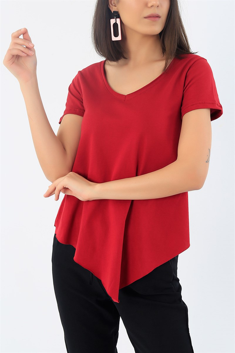 Bordo Asimetrik Kesim V Yaka Bayan Tişört 33045