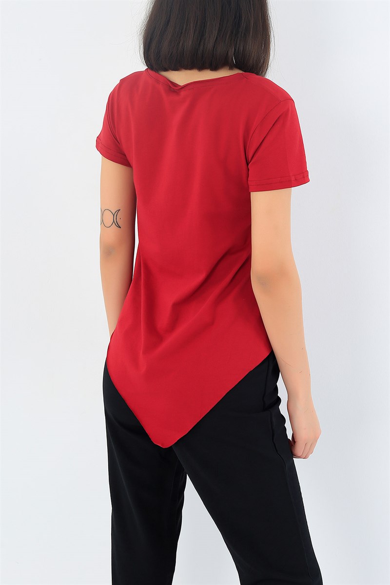 Bordo Asimetrik Kesim V Yaka Bayan Tişört 33045