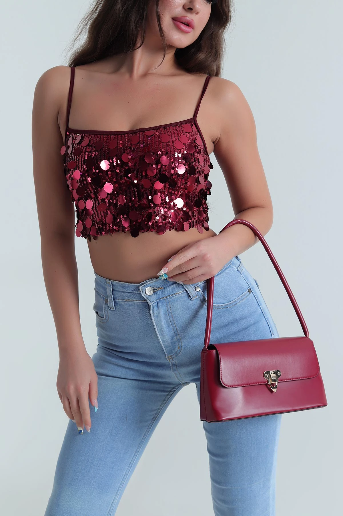 Bordo Askılı Pullu Kadın Bluz 483179