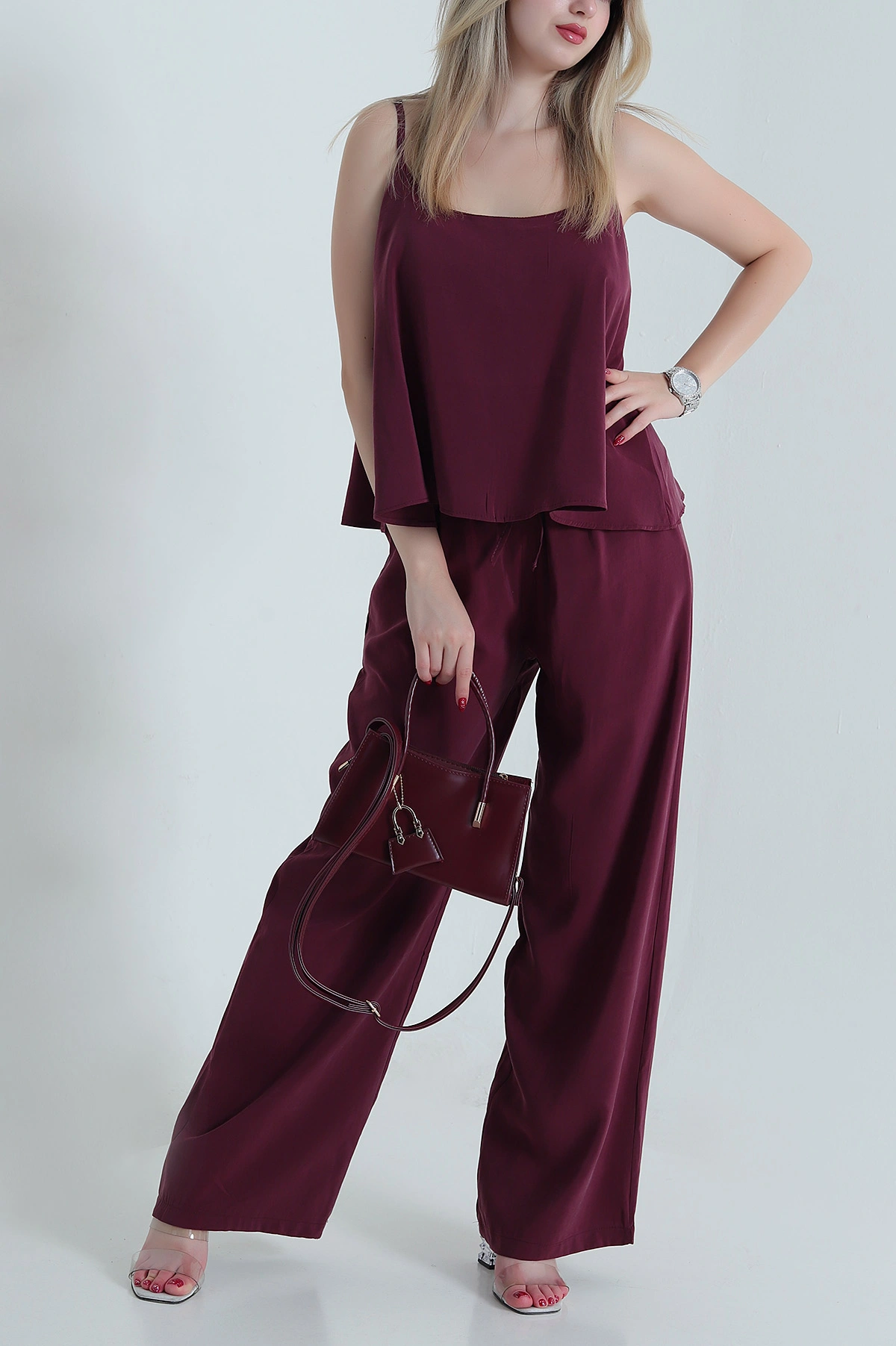 Bordo Askılı Tencel Kadın İkili Takım 471656