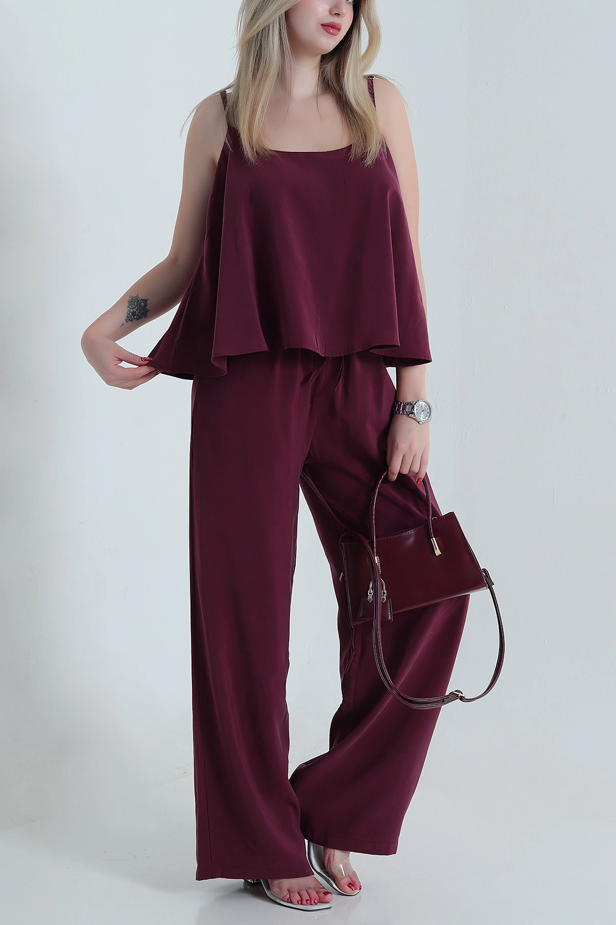 Bordo Askılı Tencel Kadın İkili Takım 471656