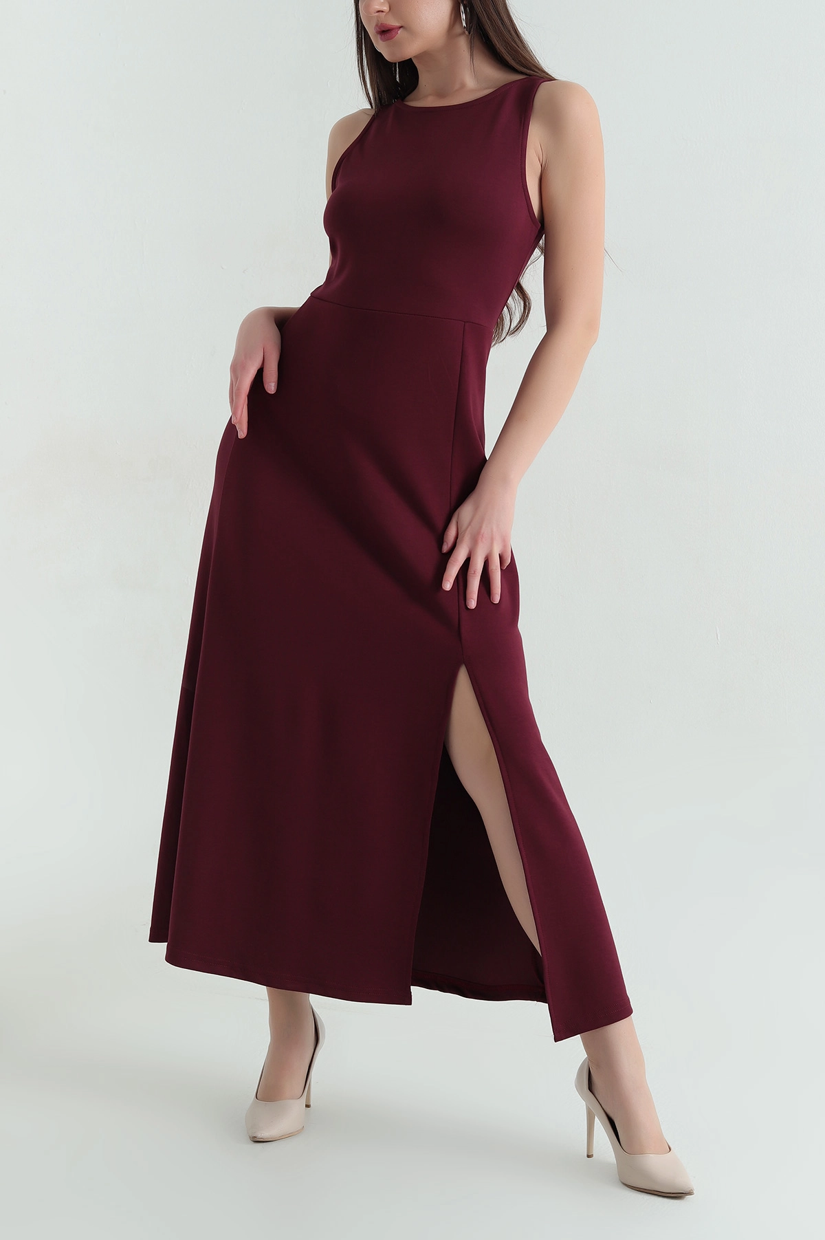 Bordo Askılı Yırtmaçlı Viskon Dalgıç Kadın Elbise 362998