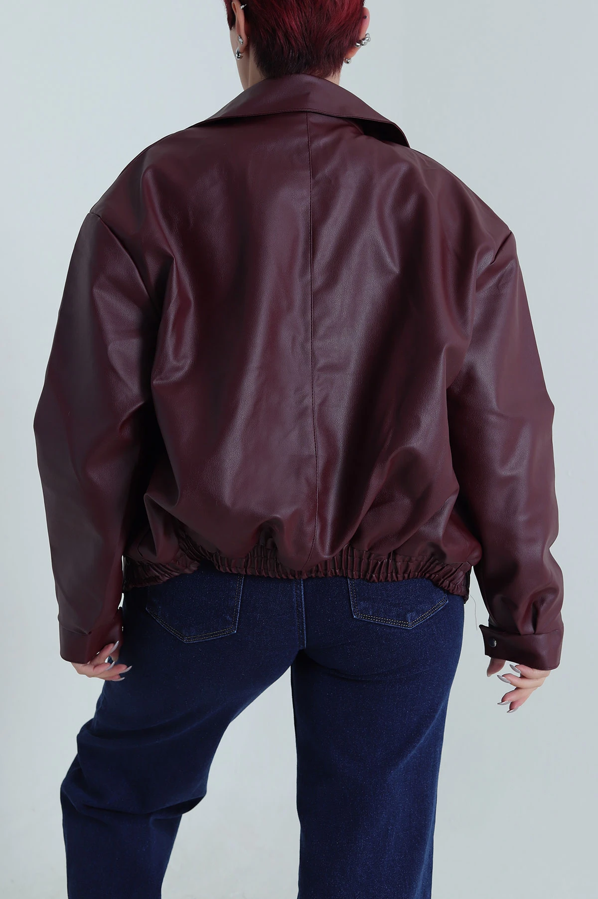 Bordo Astarlı Cepli Kadın Deri Ceket 483936