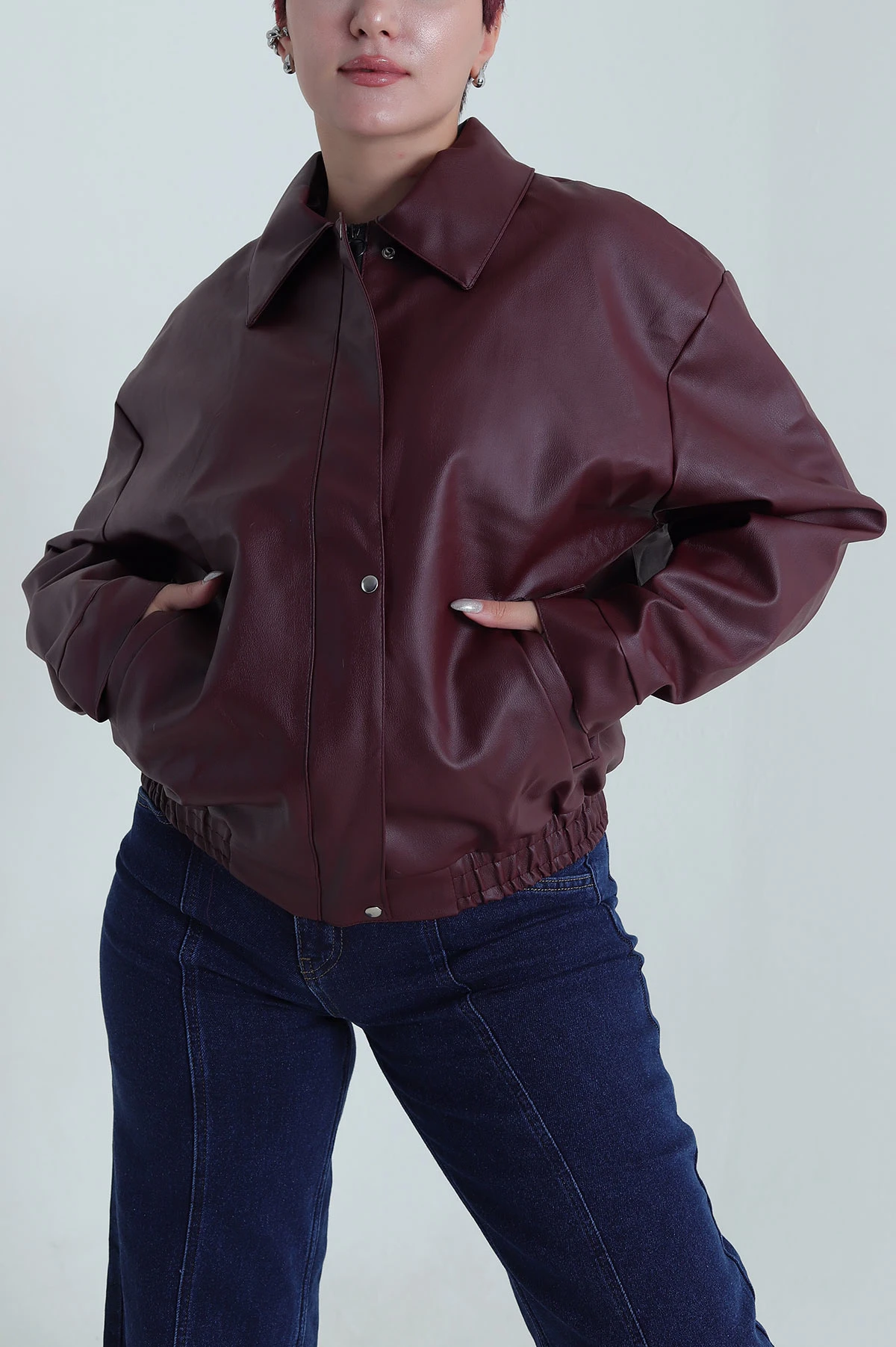 Bordo Astarlı Cepli Kadın Deri Ceket 483936