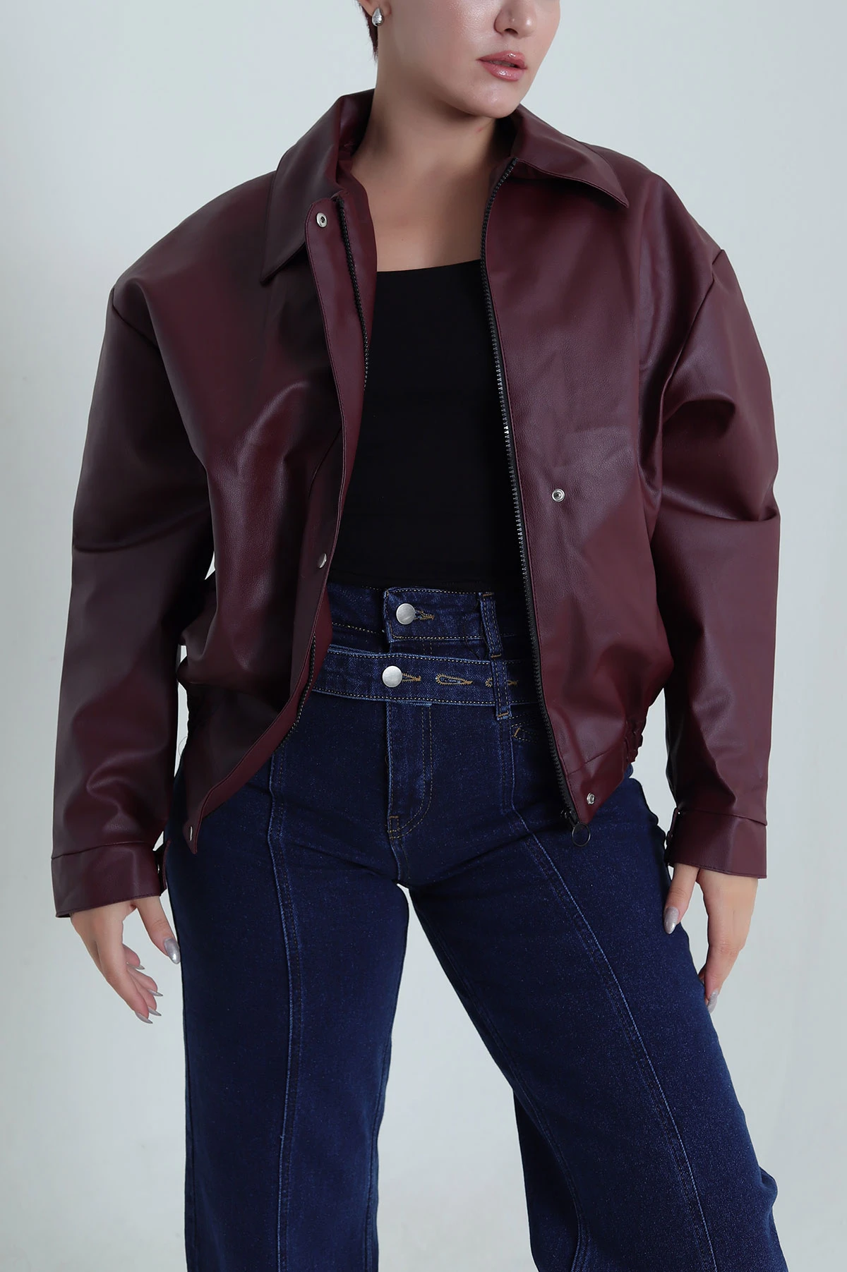 Bordo Astarlı Cepli Kadın Deri Ceket 483936