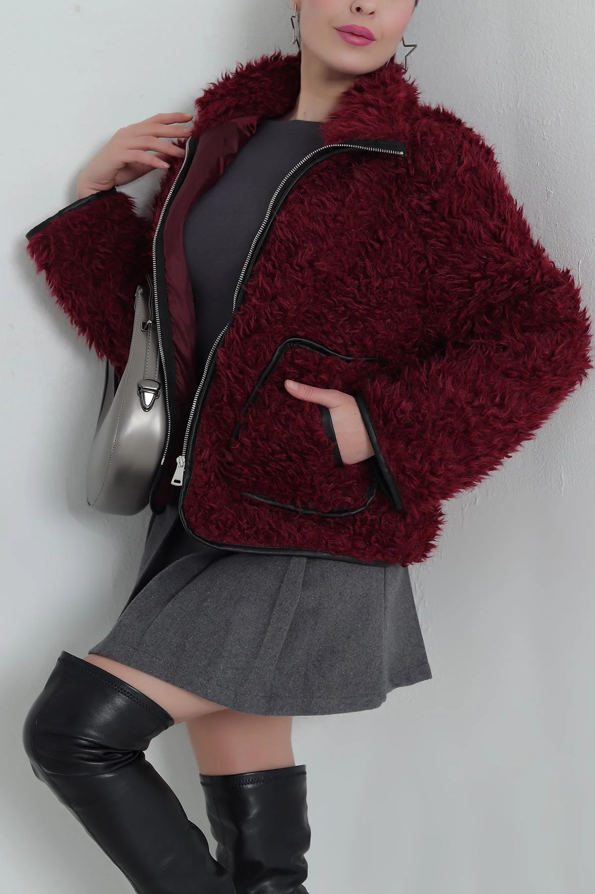 Bordo Astarlı Cepli Kıvırcık Kadın Mont 417406