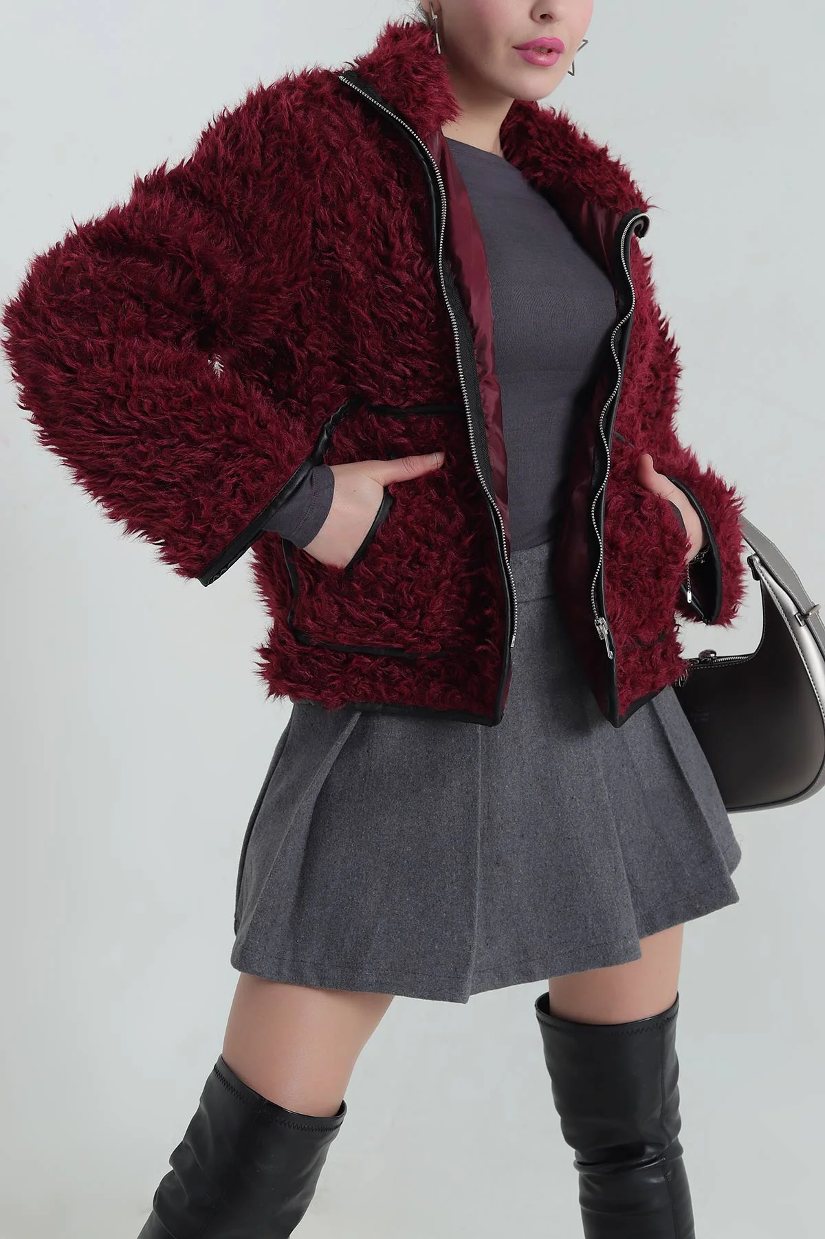 Bordo Astarlı Cepli Kıvırcık Kadın Mont 417406