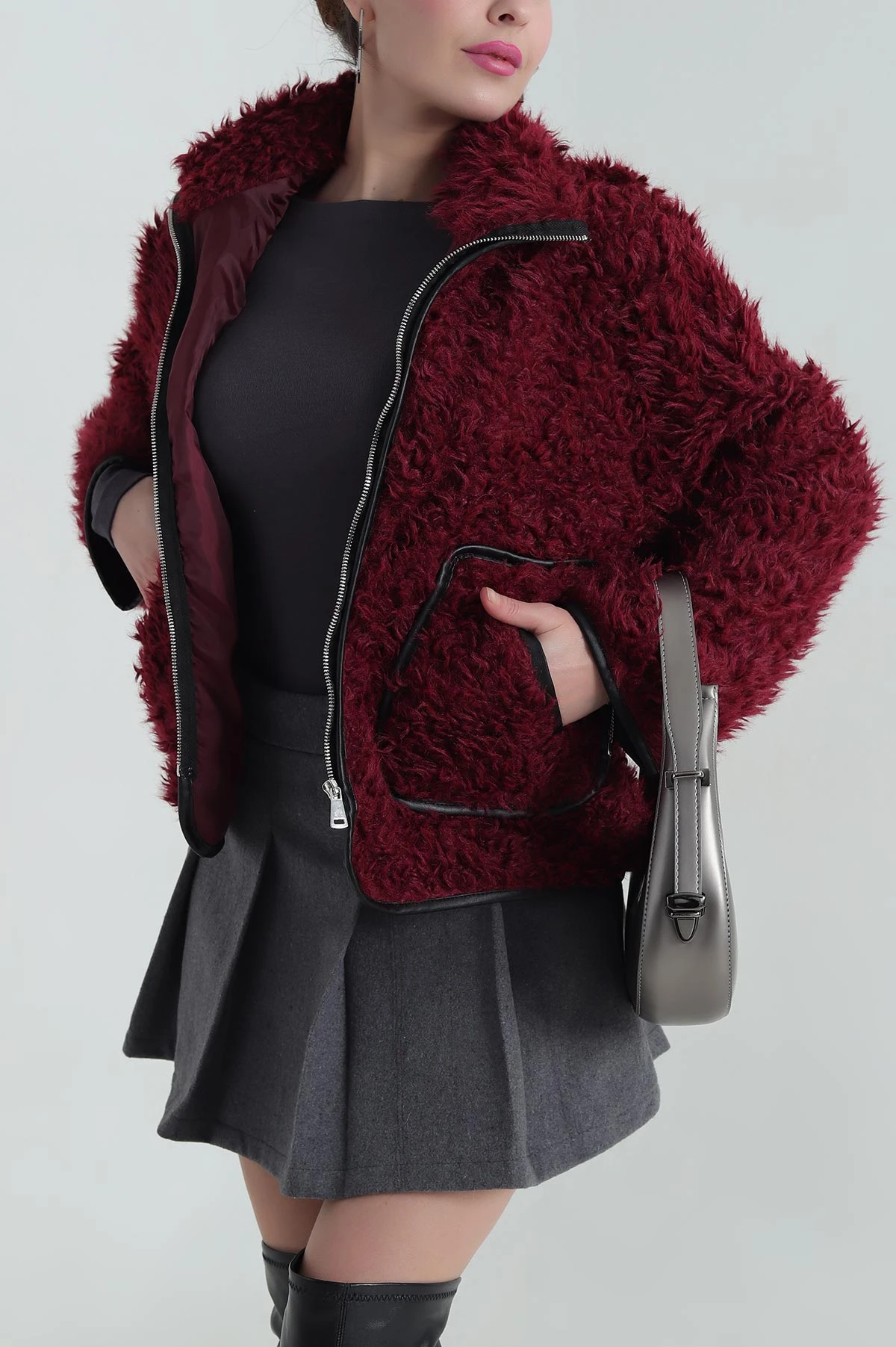 Bordo Astarlı Cepli Kıvırcık Kadın Mont 417406