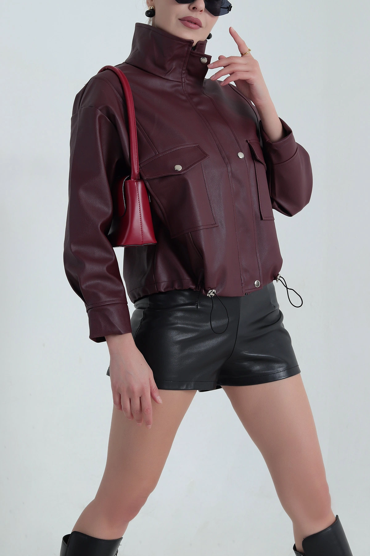 Bordo Astarlı Çift Cepli Fermuarlı Kadın Deri Ceket 389802