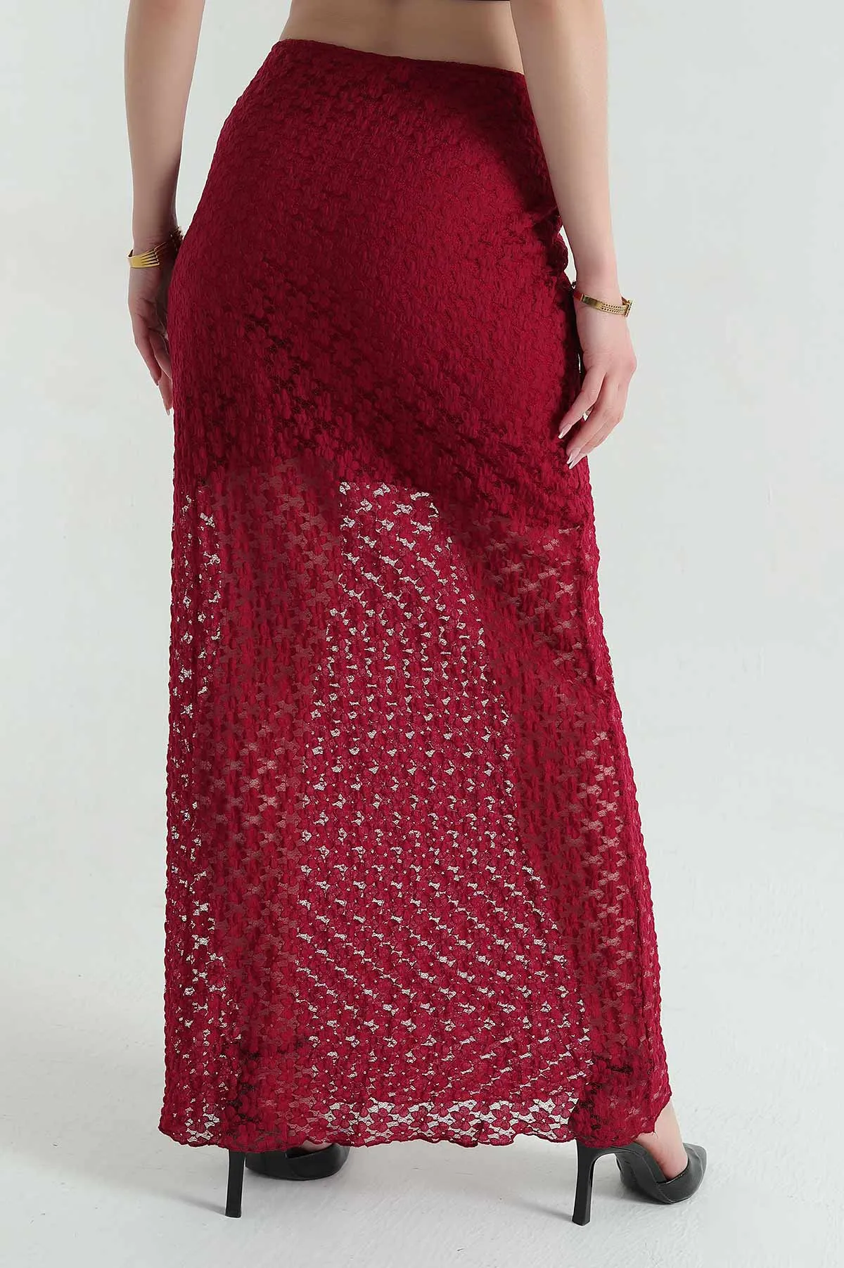 Bordo Astarlı Dantel Tasarım Kadın Etek 354058