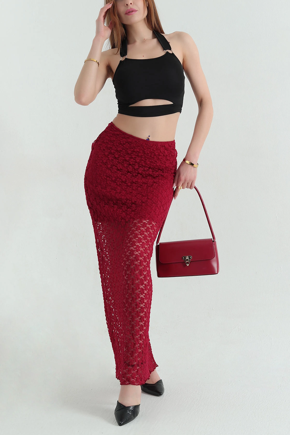 Bordo Astarlı Dantel Tasarım Kadın Etek 354058