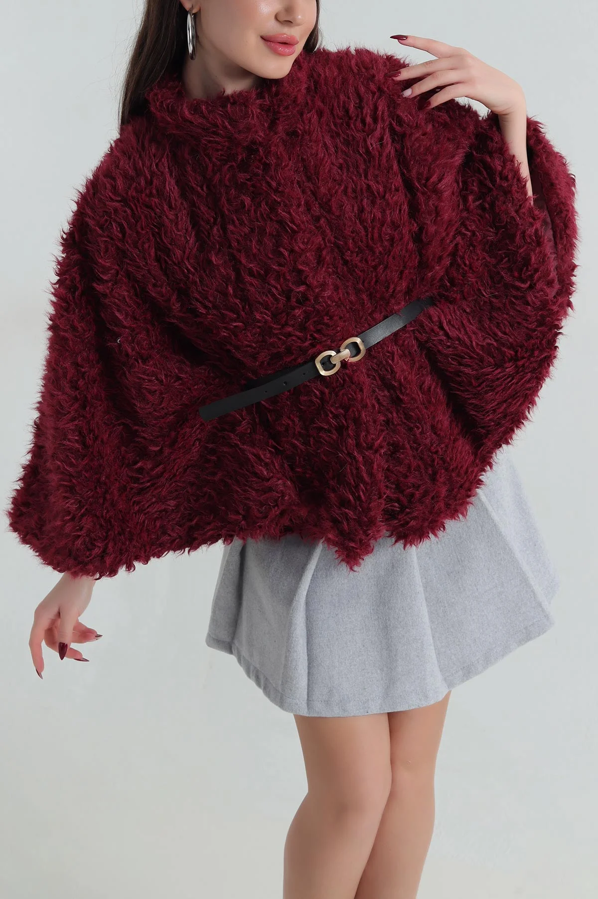 Bordo Astarlı Düğmeli  Kadın Peluş Panço 417365