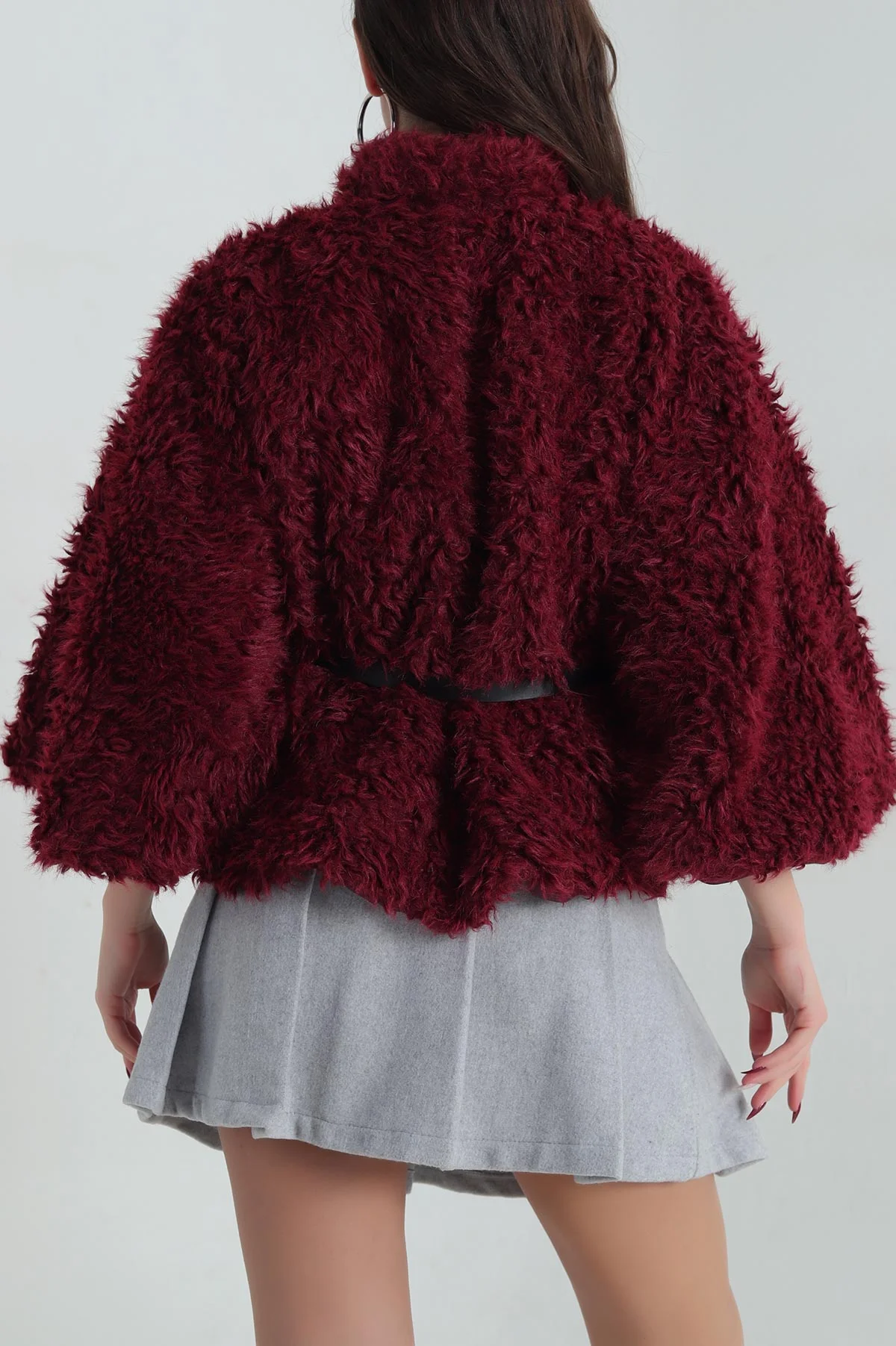 Bordo Astarlı Düğmeli  Kadın Peluş Panço 417365
