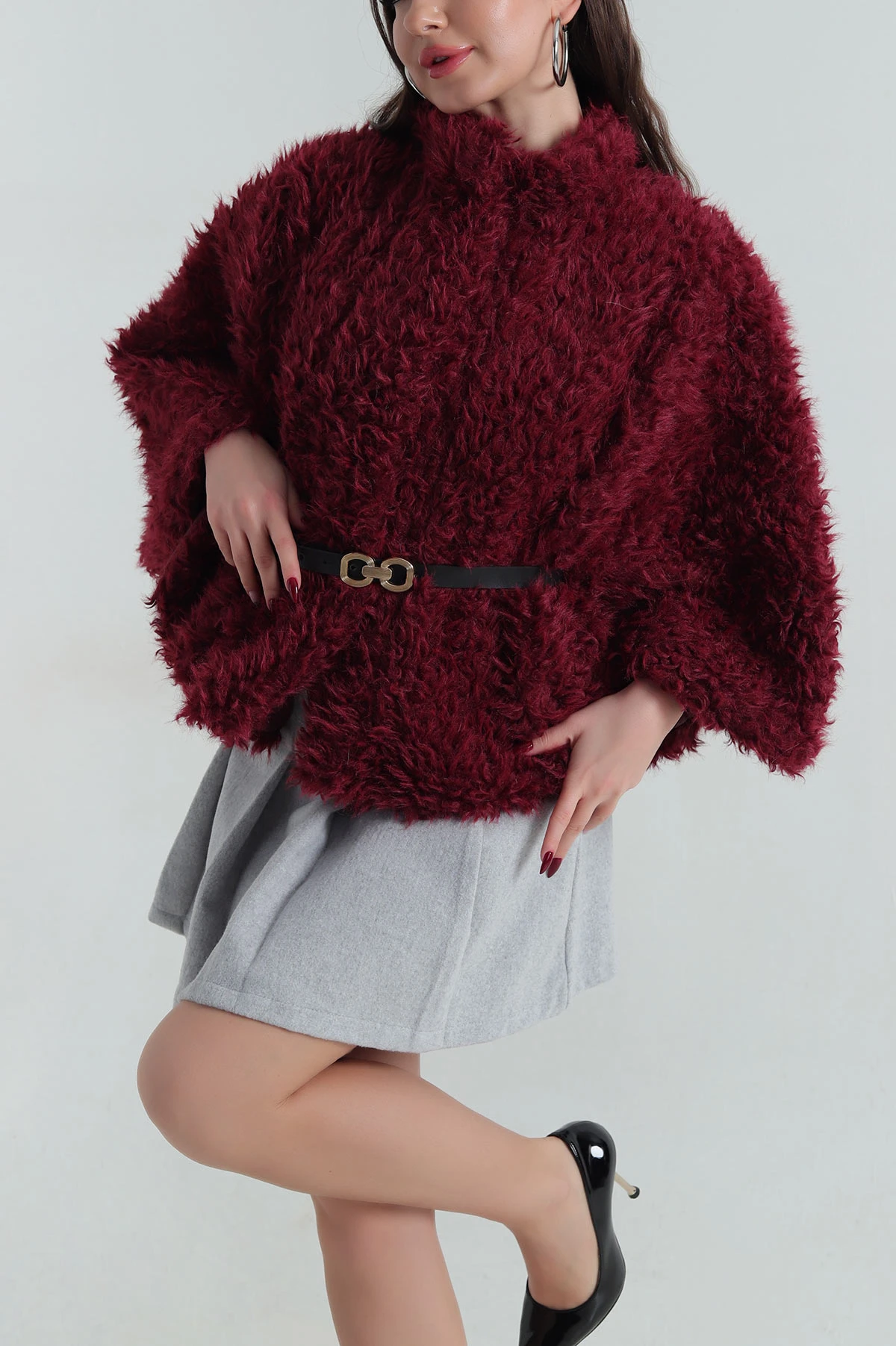 Bordo Astarlı Düğmeli  Kadın Peluş Panço 417365