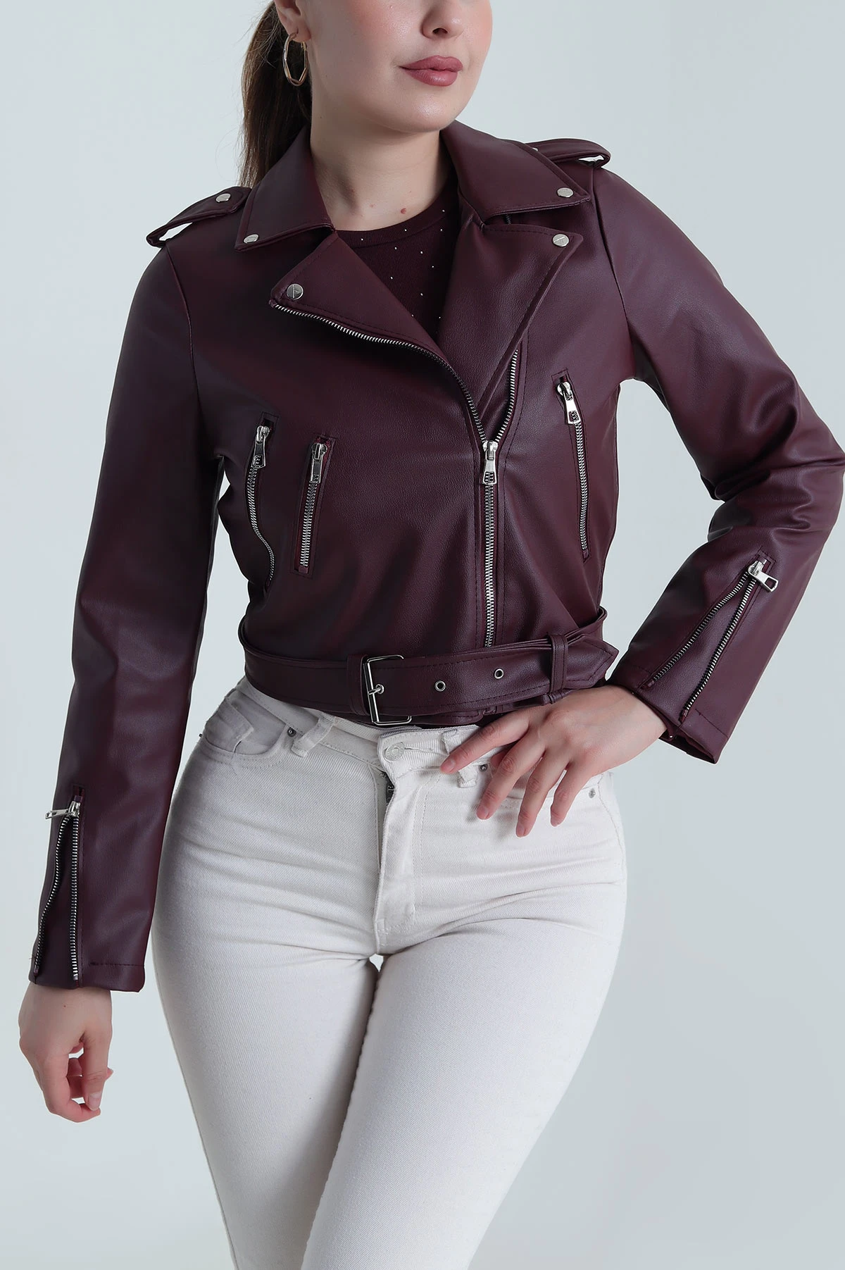 Bordo Astarlı Fermuarlı Kemerli Kadın Deri Ceket 483951