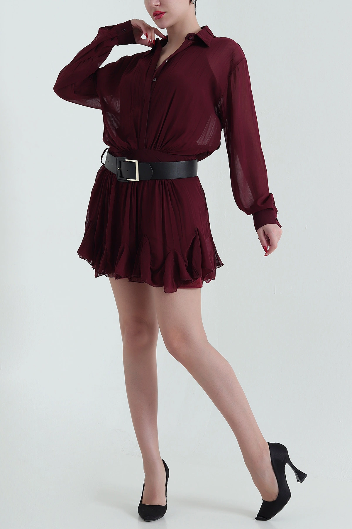 Bordo Astarlı Kemerli Şifon Kadın Elbise 428970