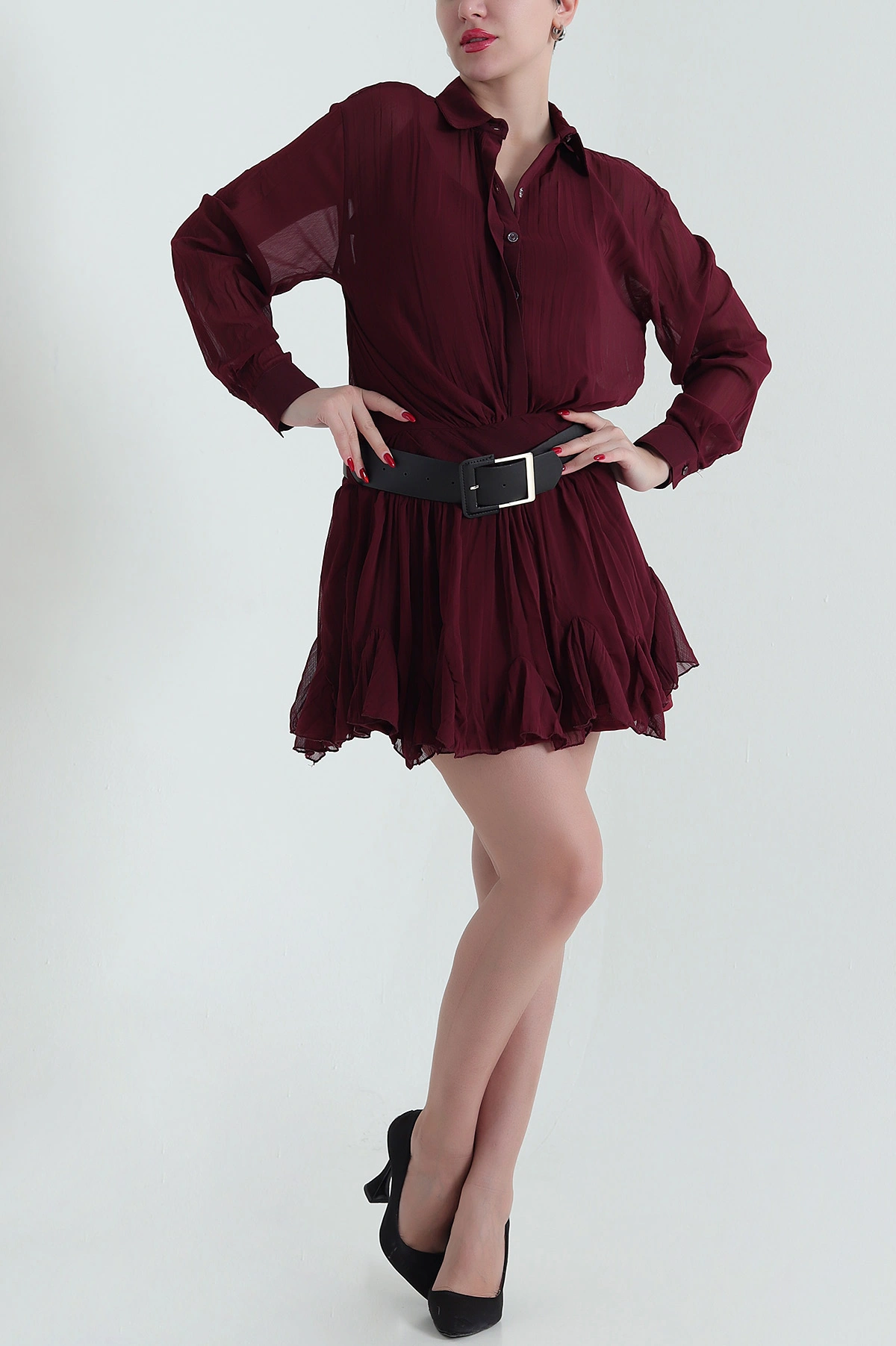 Bordo Astarlı Kemerli Şifon Kadın Elbise 428970