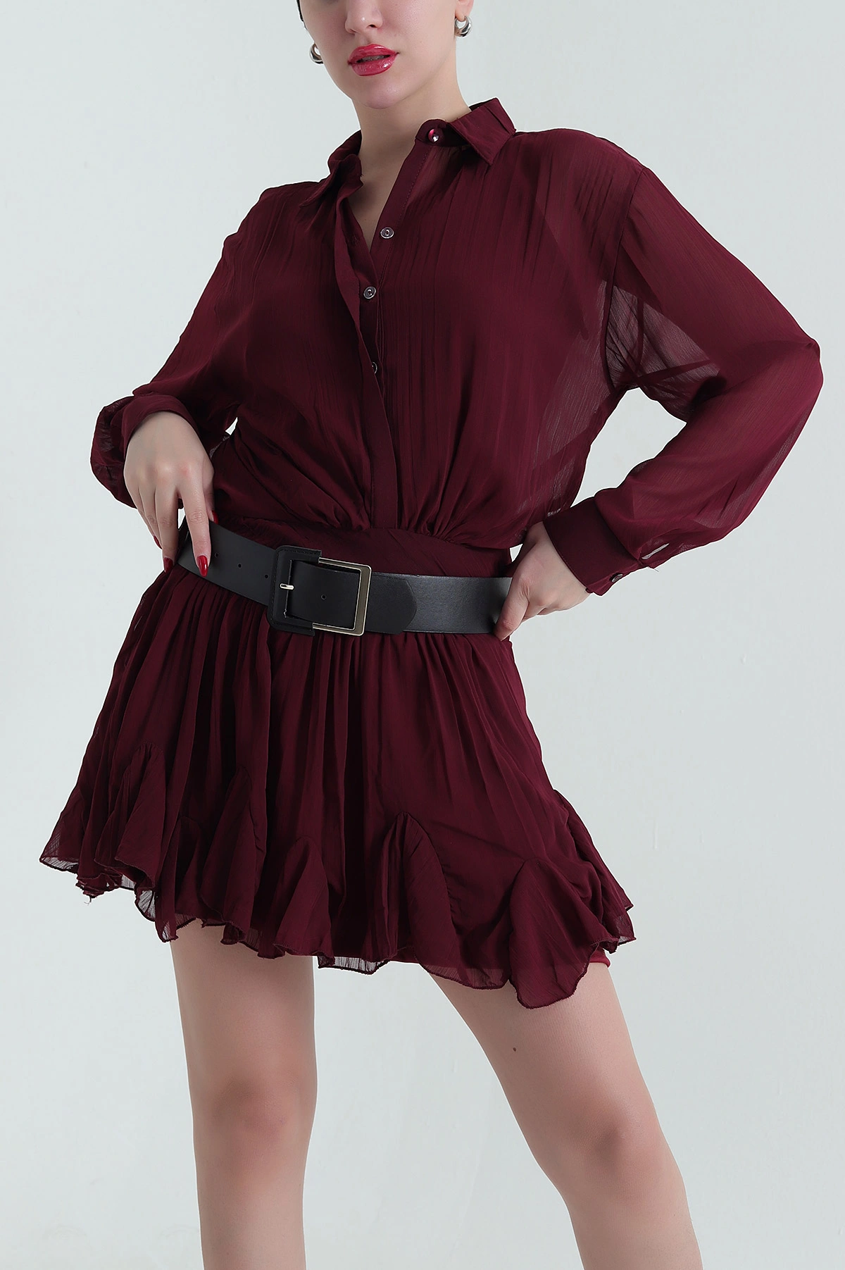 Bordo Astarlı Kemerli Şifon Kadın Elbise 428970