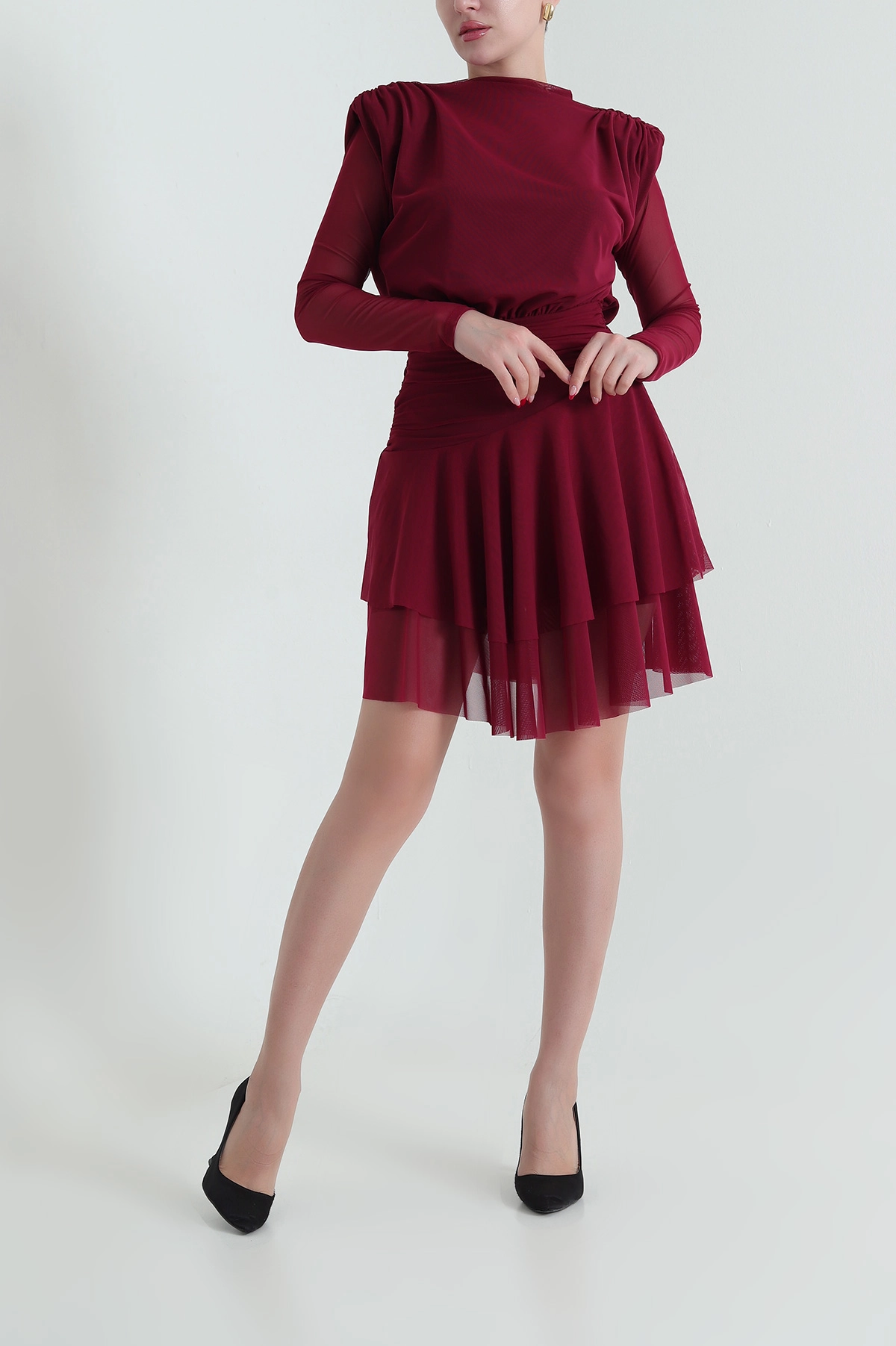 Bordo Astarlı Tül Kadın Elbise 431740