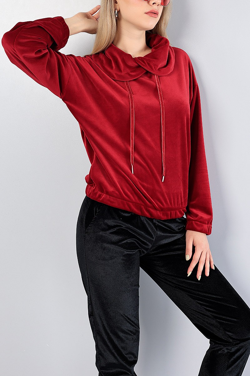 Bordo Astronot Yaka Bayan Kadife Sweat 81285