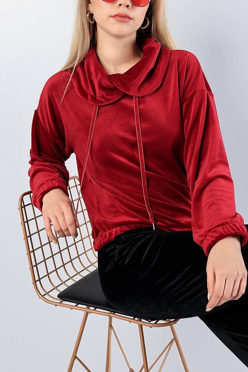 Bordo Astronot Yaka Bayan Kadife Sweat 81285