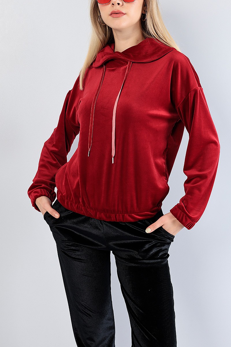 Bordo Astronot Yaka Bayan Kadife Sweat 81285