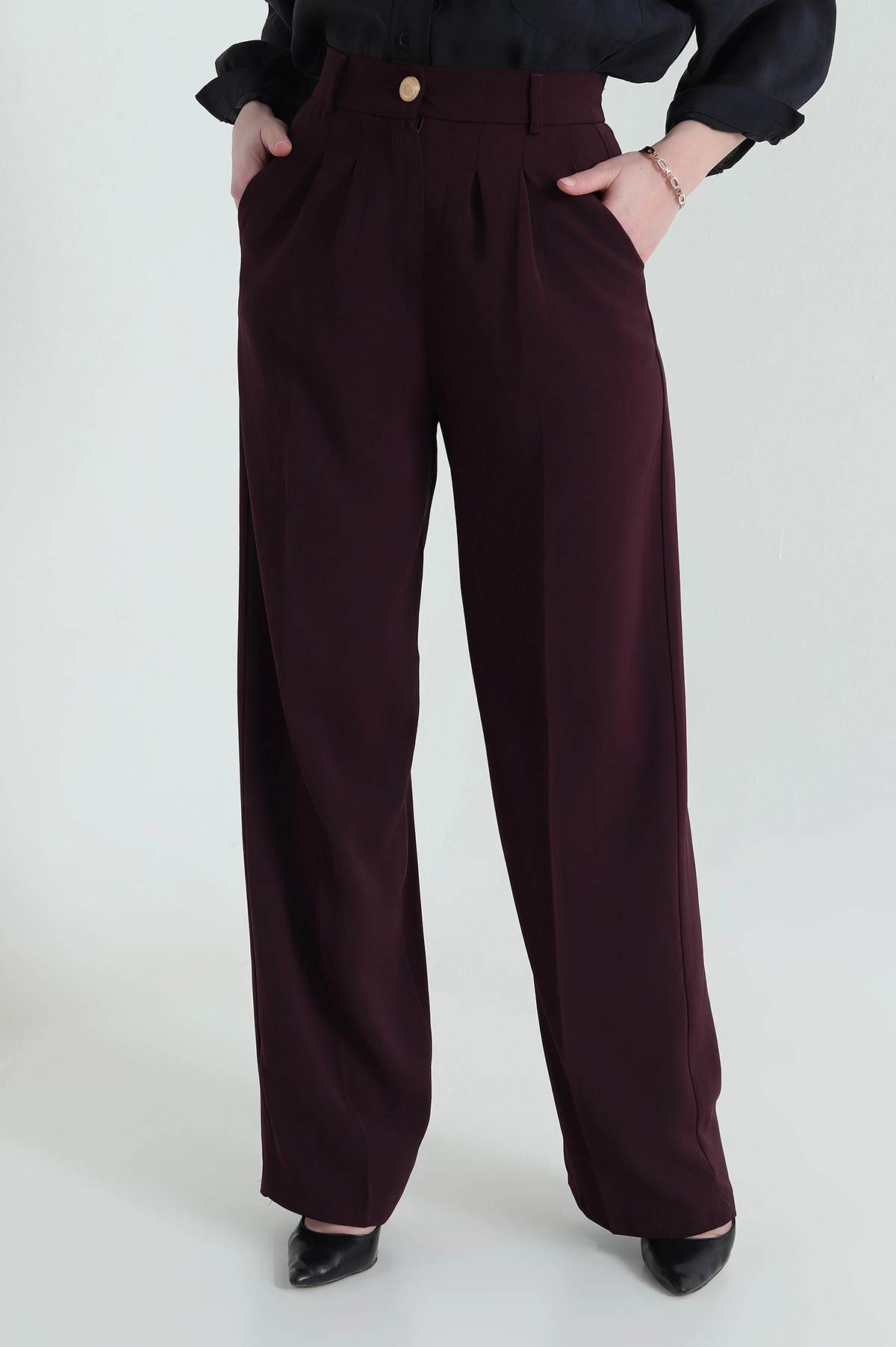 Bordo Atlas Bel Lastikli Cepli Kadın Pantolon 429937