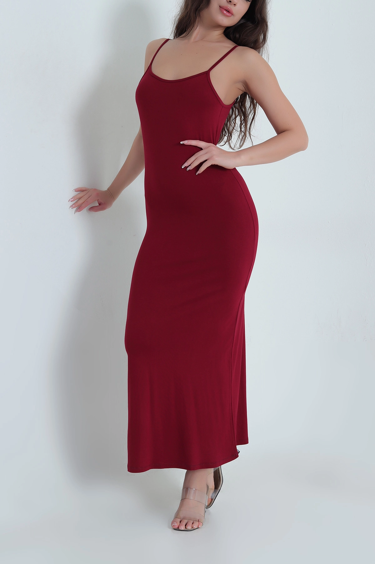 Bordo Ayarlanabilir Askılı Kolsuz Viskon Kadın Elbise 462787