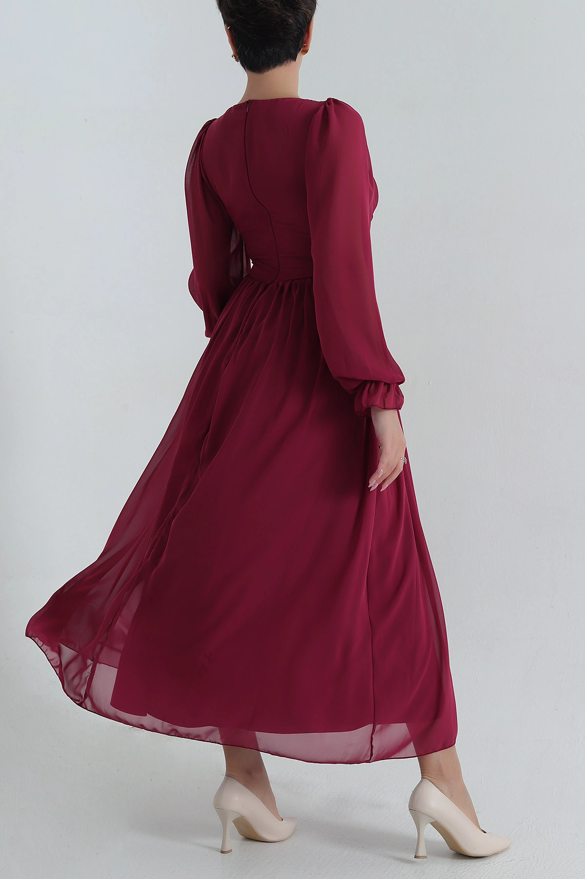 Bordo Bağcıklı Tasarım Kadın Şifon Elbise 400455