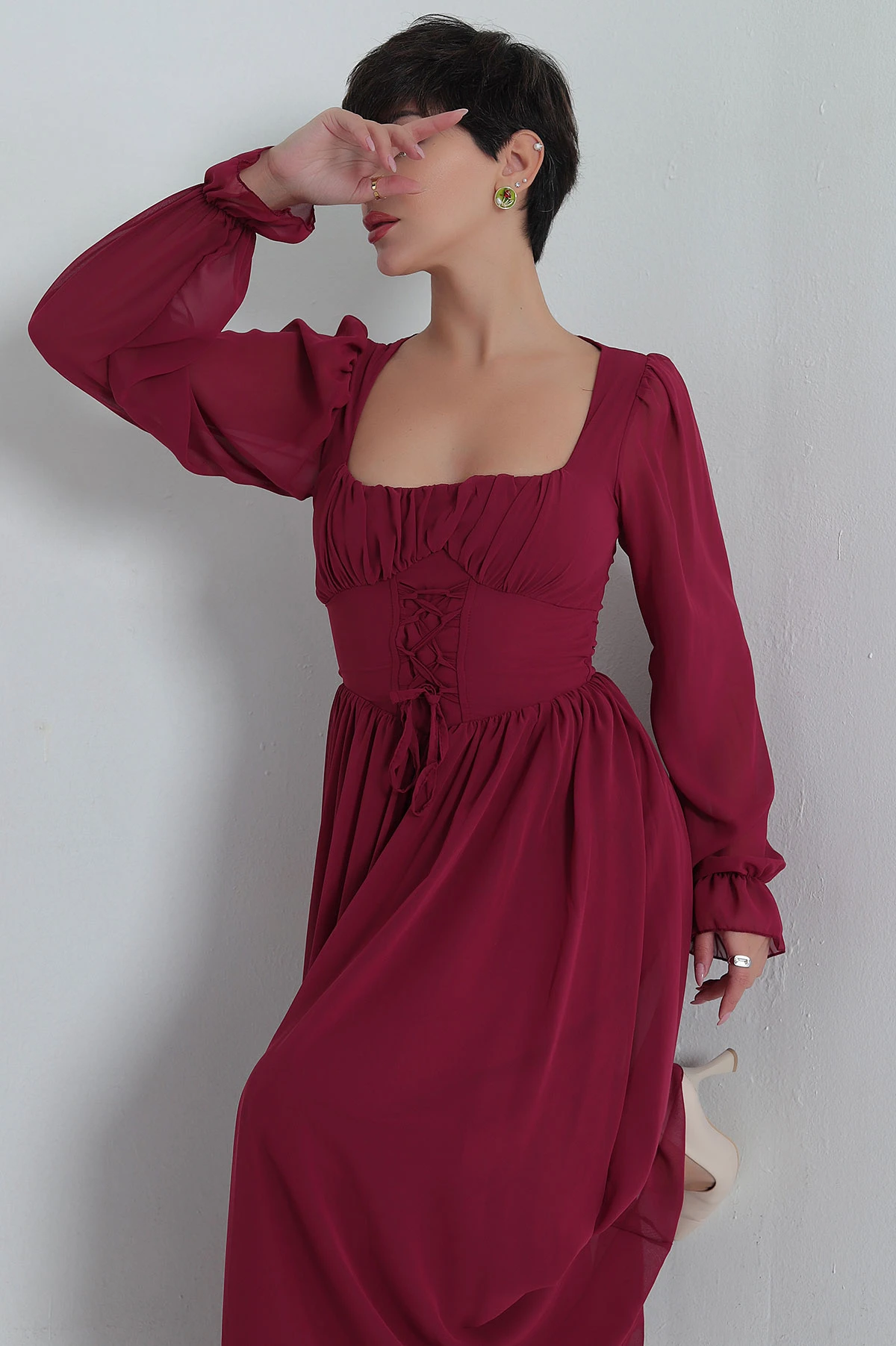 Bordo Bağcıklı Tasarım Kadın Şifon Elbise 400455