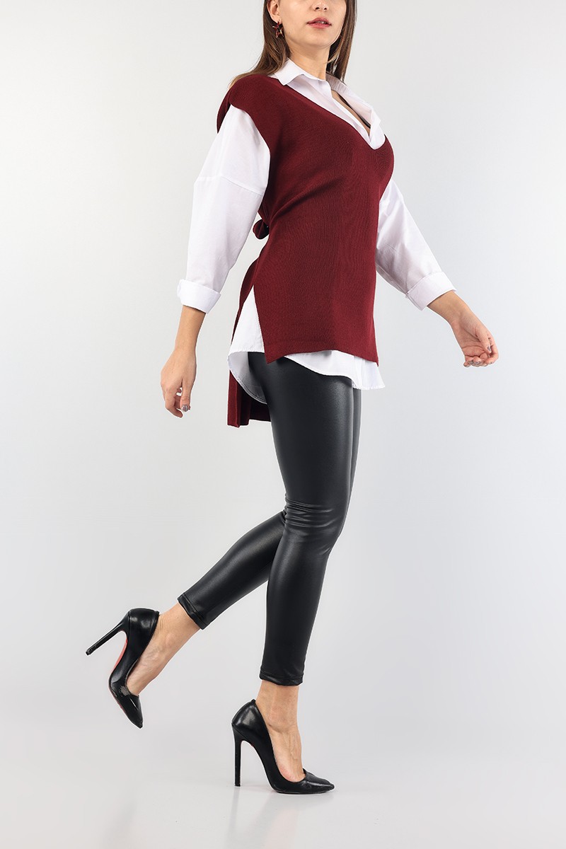 Bordo Bağlamalı Bayan Triko Süveter 89067