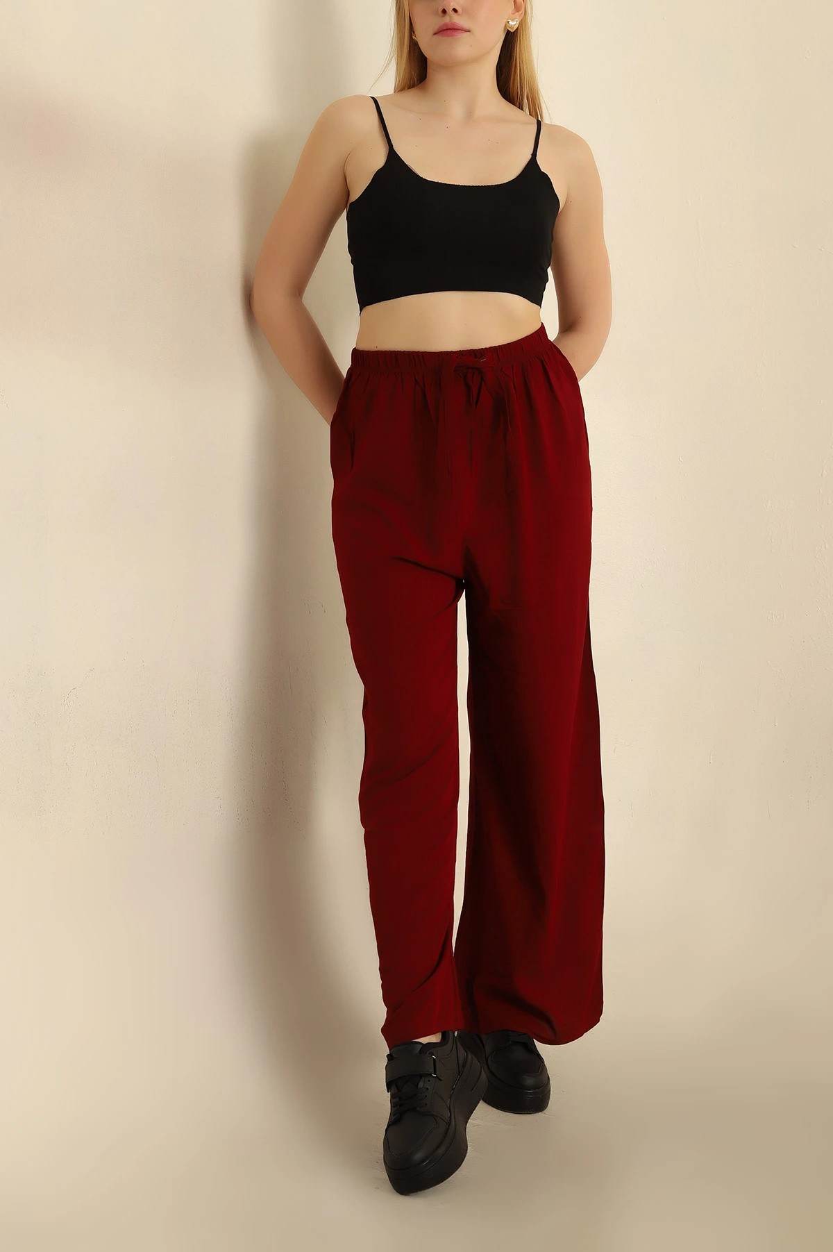 Bordo Bağlamalı Beli Lastikli Dokuma Pantolon 269006