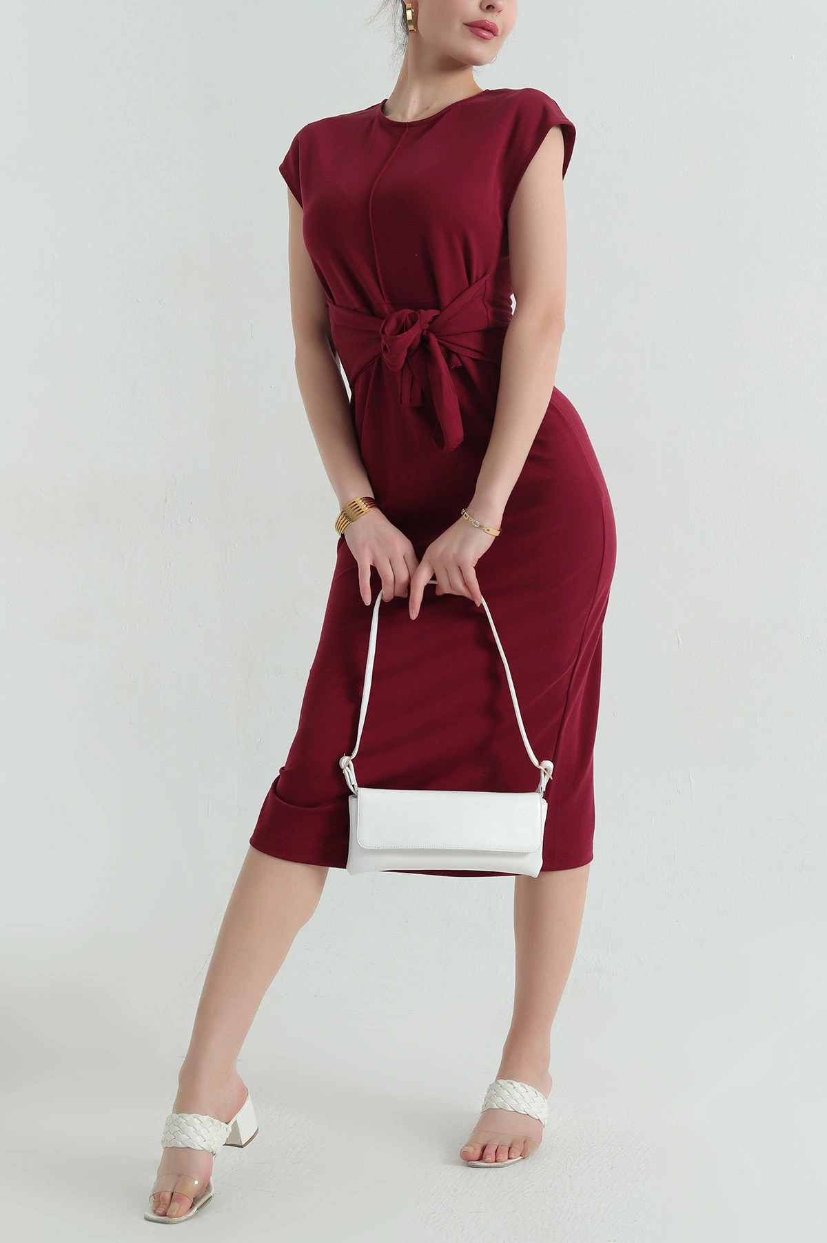 Bordo Bağlamalı Çimalı Modal Elbise 350504