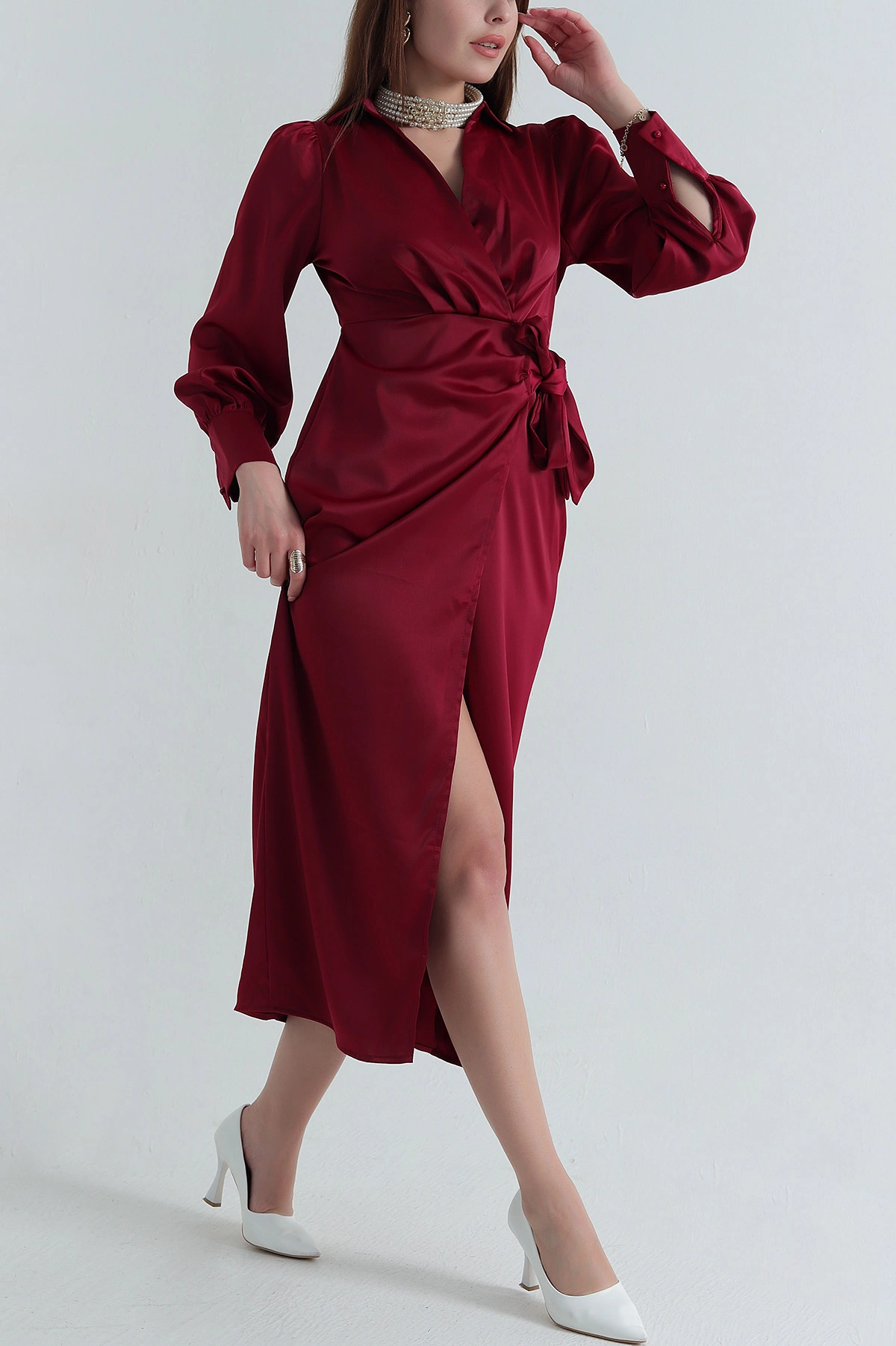 Bordo Bağlamalı Fermuarlı Saten Kadın Elbise 392833