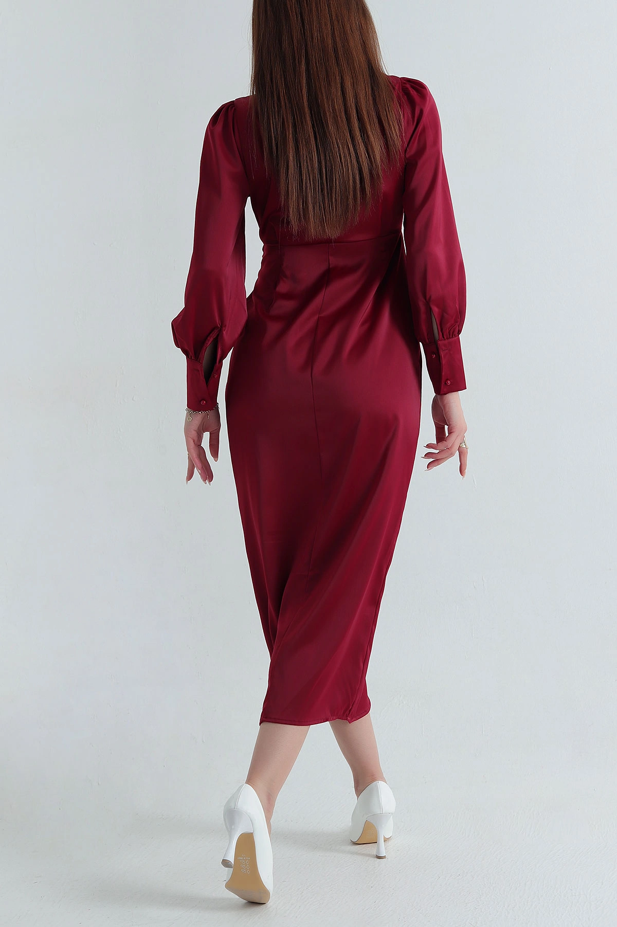 Bordo Bağlamalı Fermuarlı Saten Kadın Elbise 392833