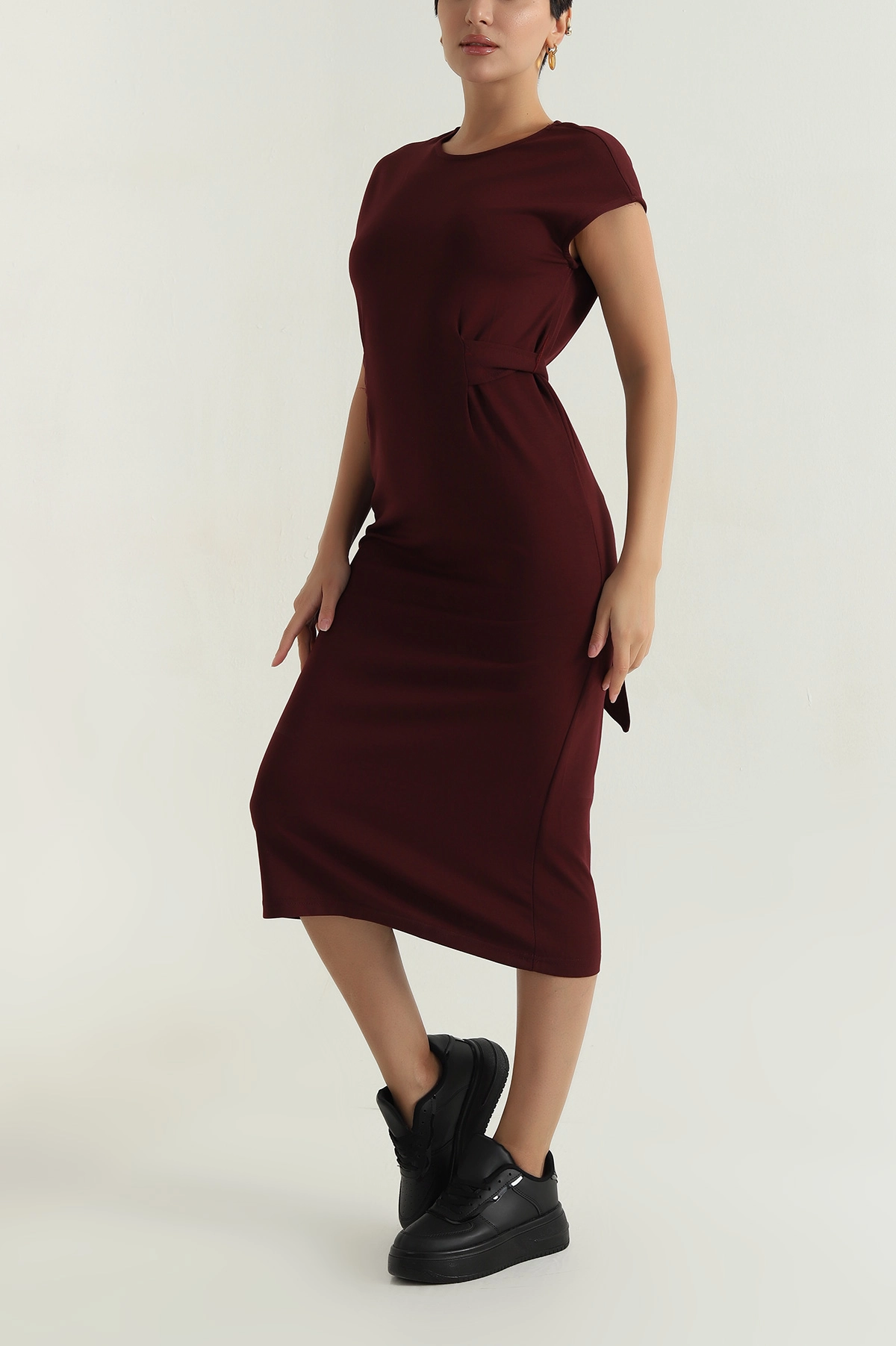 Bordo Bağlamalı Sıfır Kol Kadın Elbise 381338