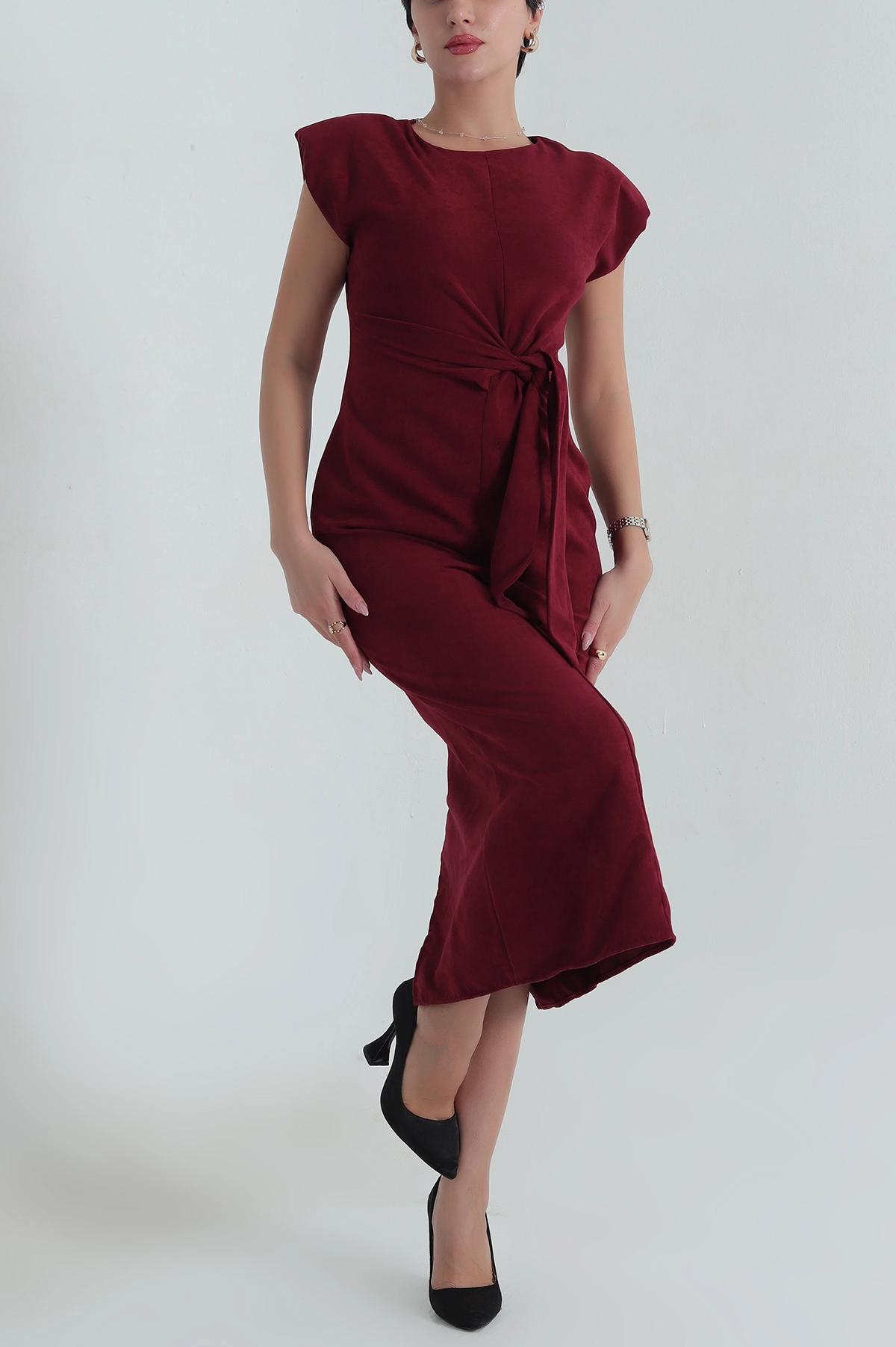 Bordo Bağlamalı Süet Elbise 404683