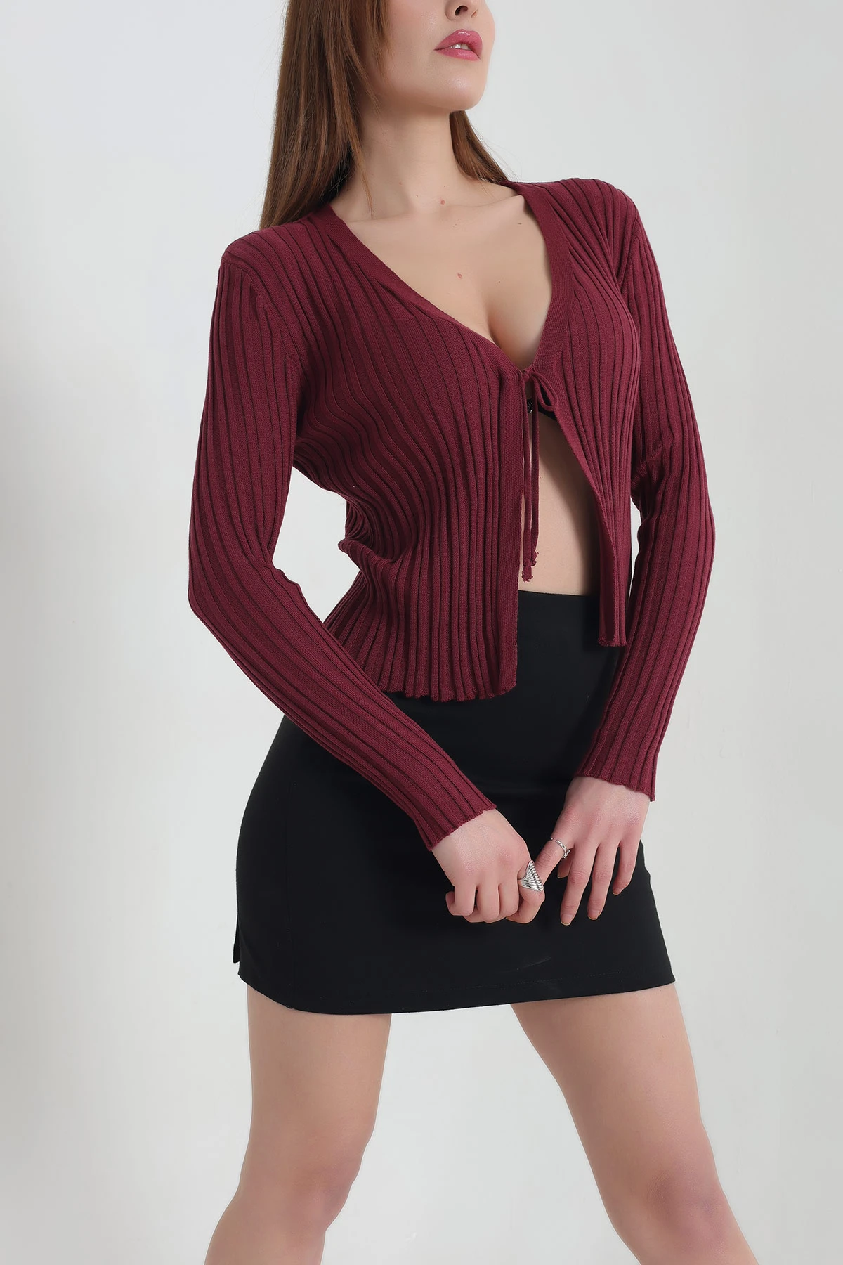 Bordo Bağlamalı Triko Bayan Hırka 337431