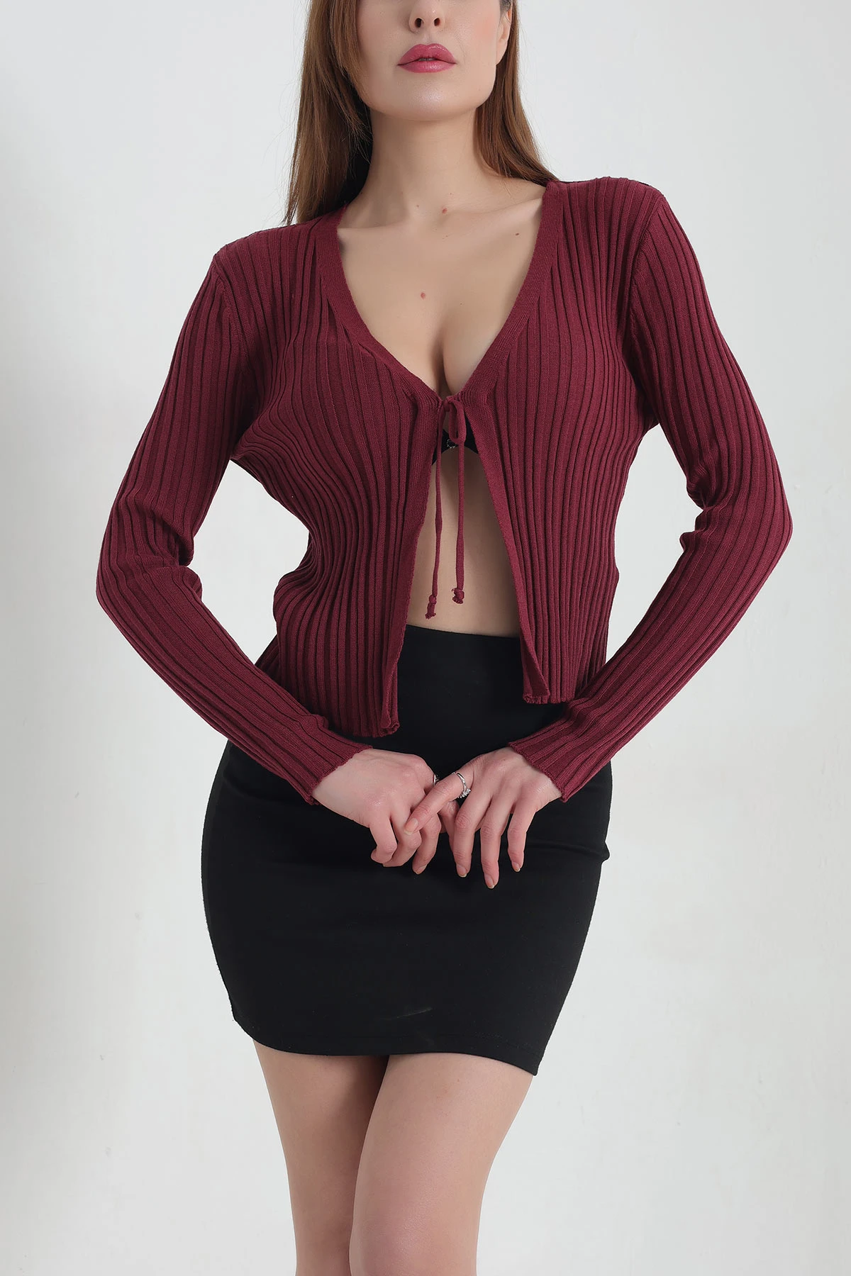 Bordo Bağlamalı Triko Bayan Hırka 337431