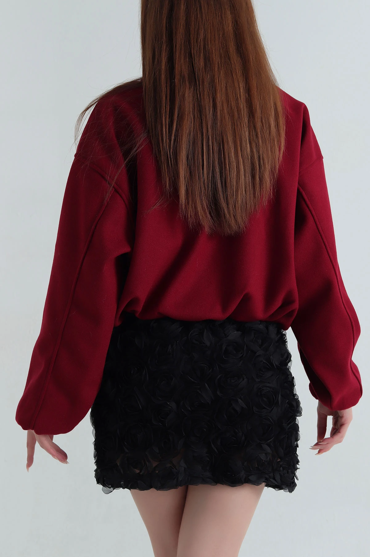 Bordo Balon Kol Kadın Kaşe Bomber Mont 402948