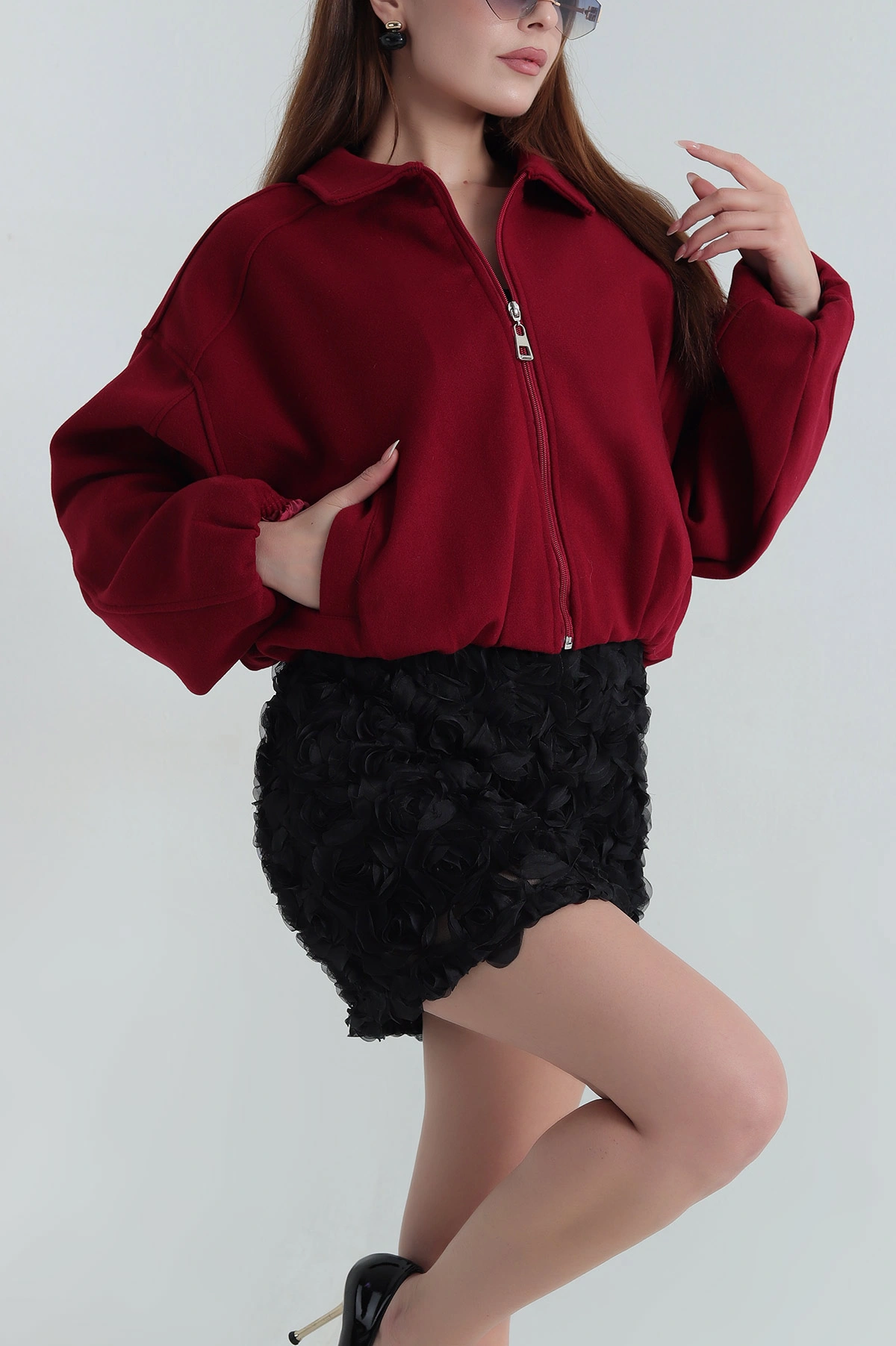 Bordo Balon Kol Kadın Kaşe Bomber Mont 402948