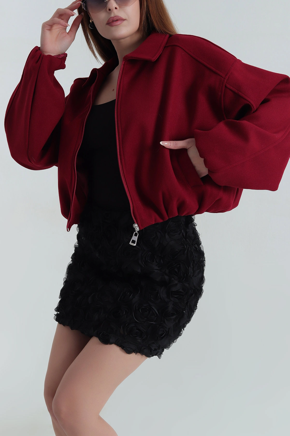 Bordo Balon Kol Kadın Kaşe Bomber Mont 402948