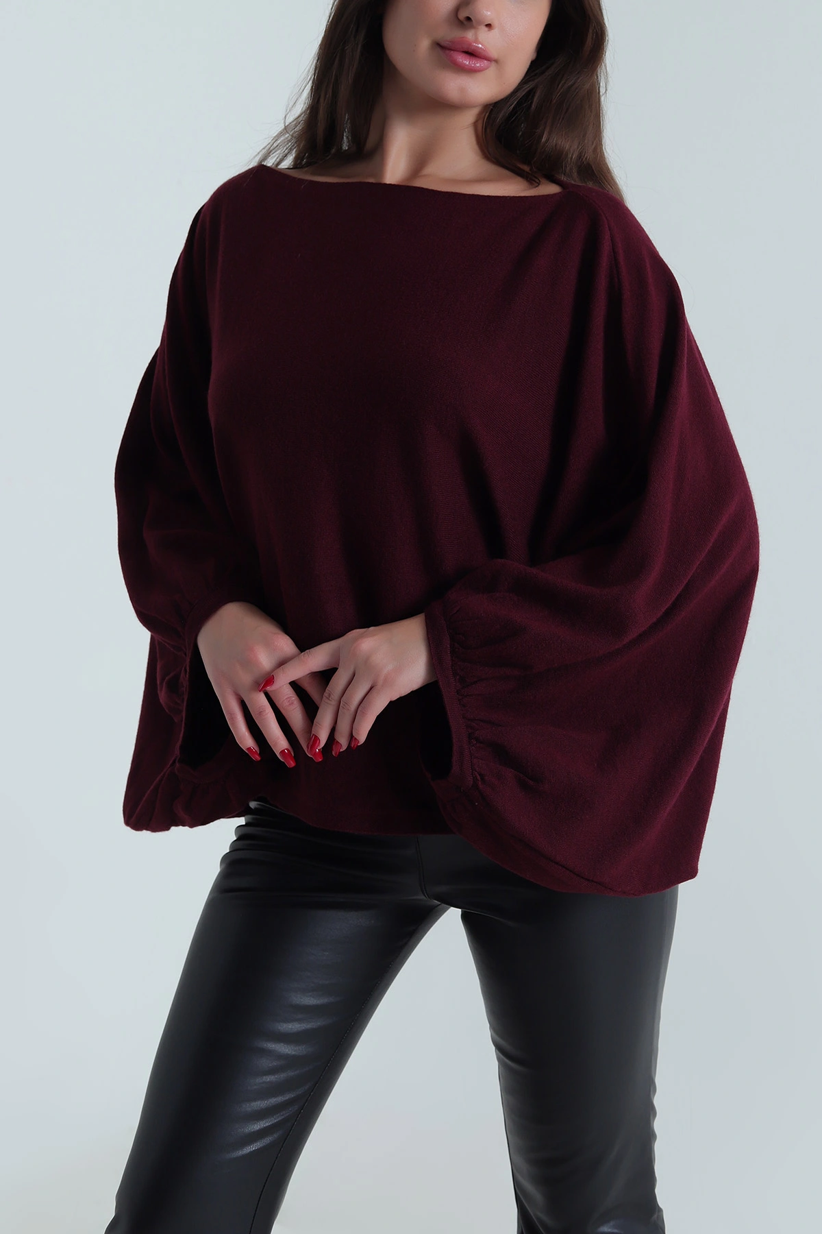 Bordo Balon Kol Yün Karışımlı Triko Kazak 489972