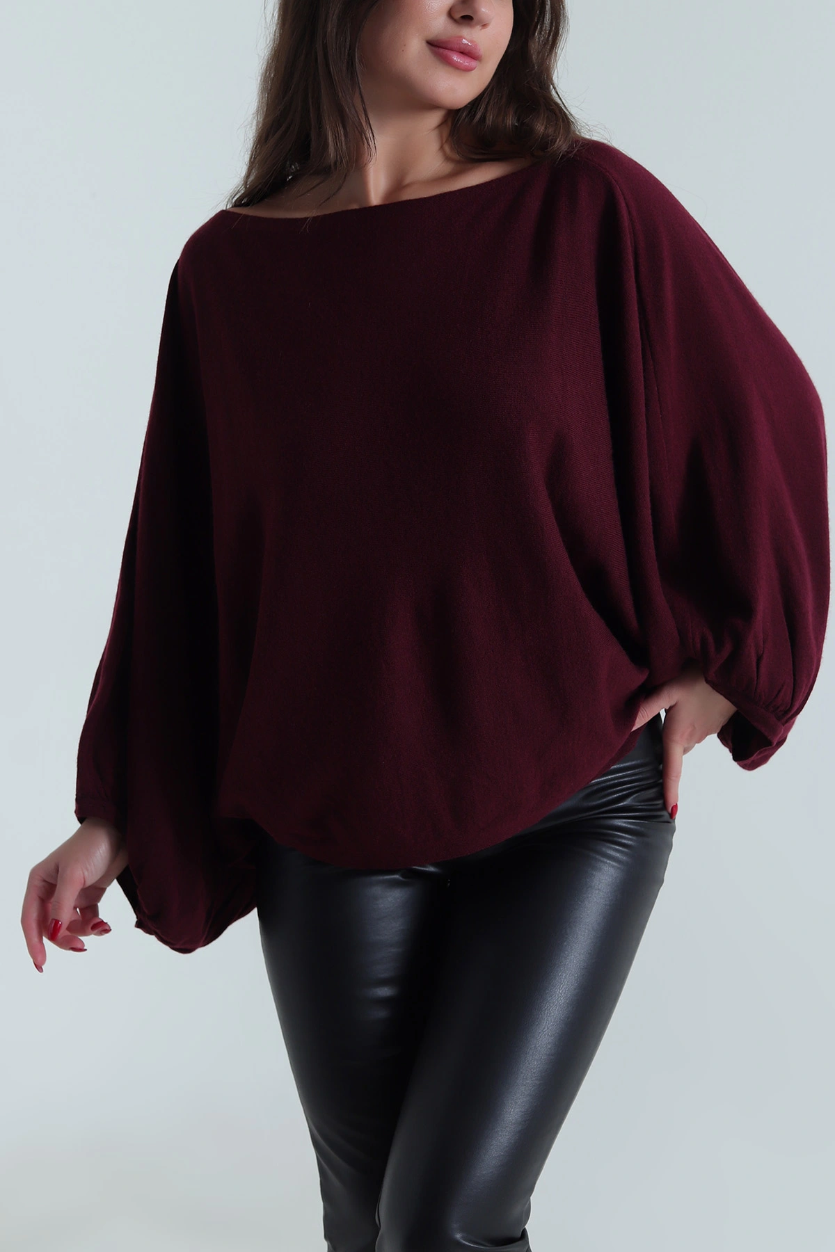 Bordo Balon Kol Yün Karışımlı Triko Kazak 489972