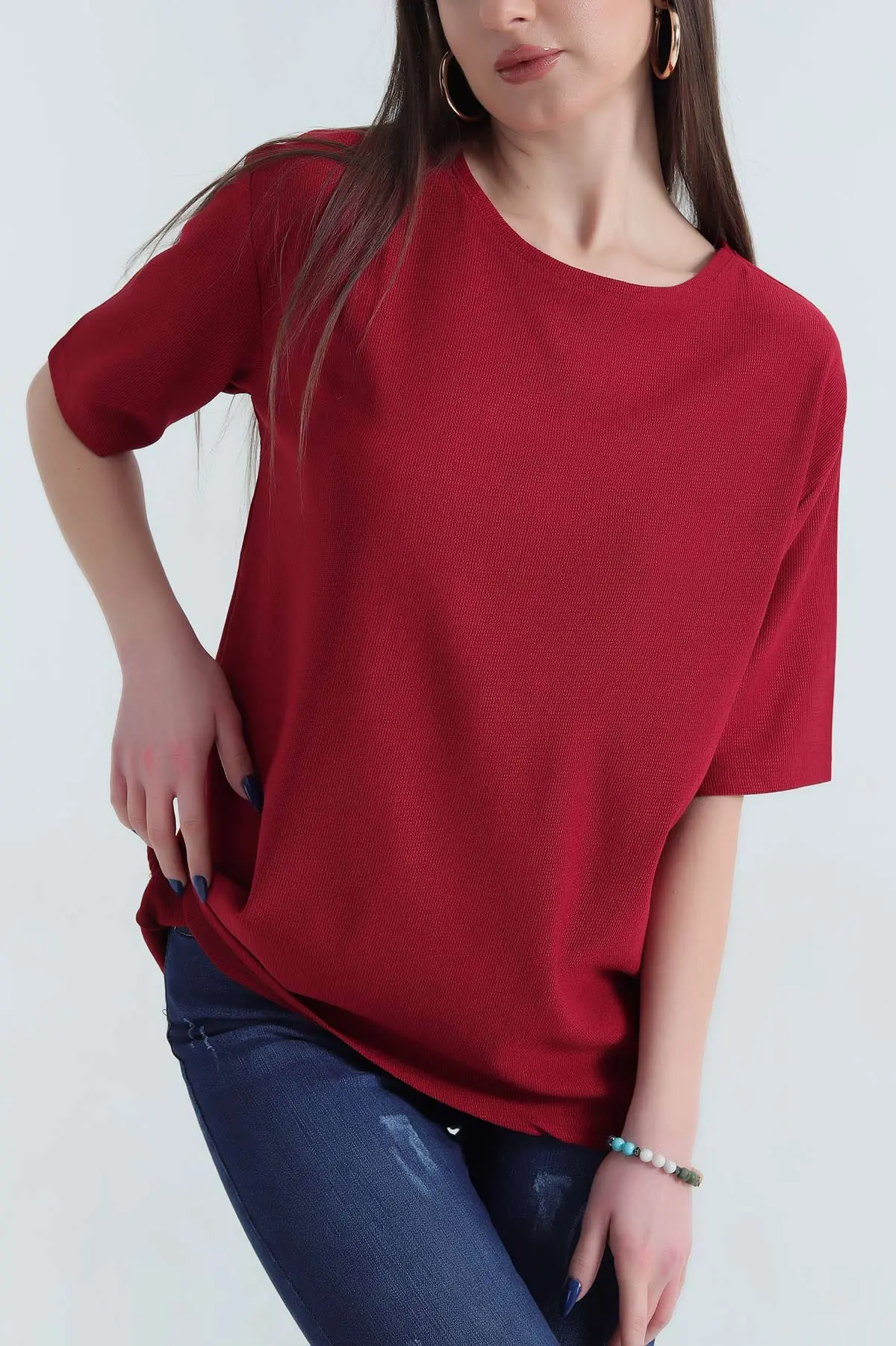 Bordo Basic Dokulu Bayan Tişört 337679