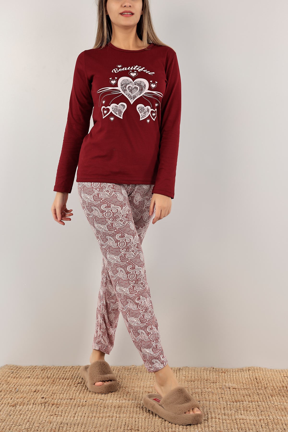 Bordo Baskılı Bayan Pijama Takımı 140850