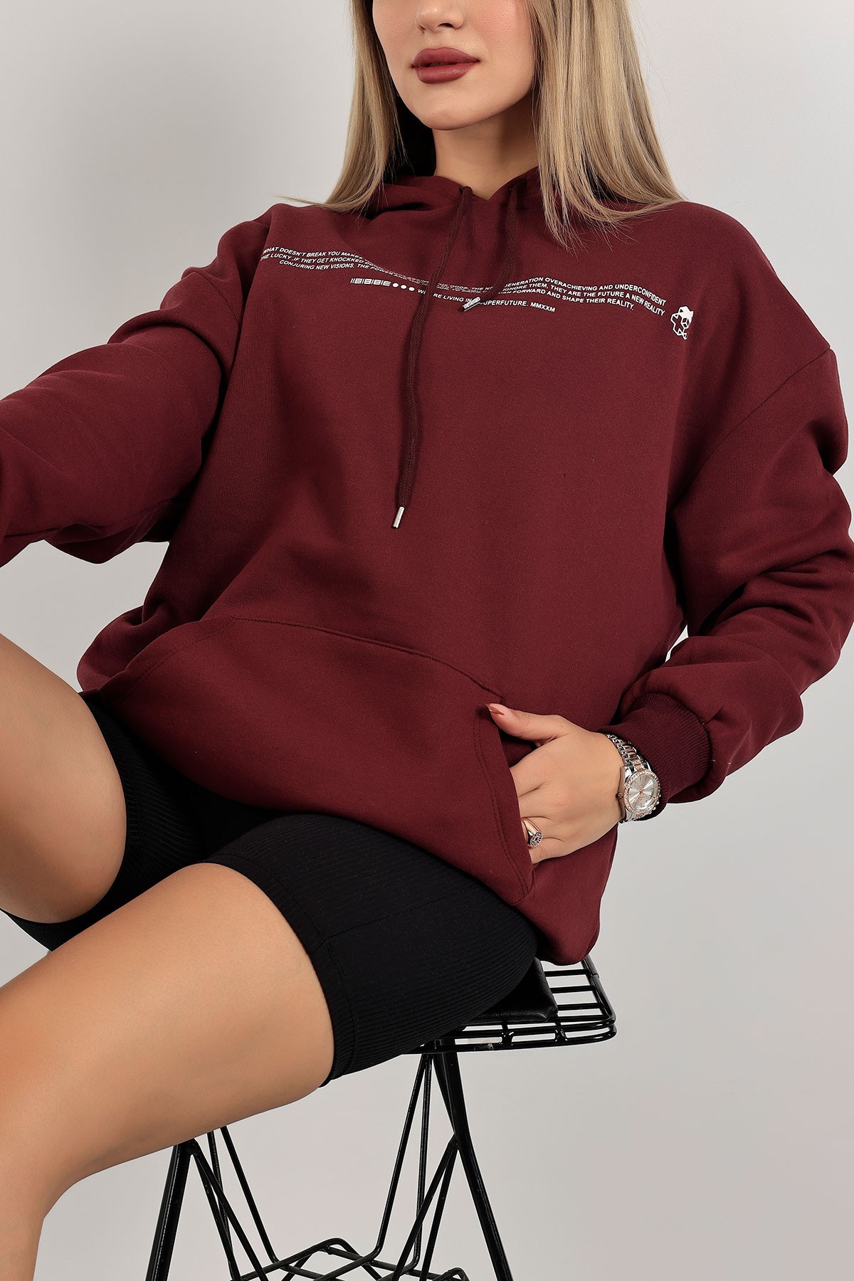 Bordo Baskılı İçi Şardonlu Bayan Sweat 143415