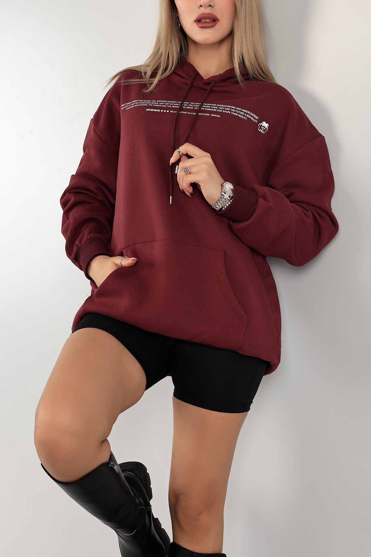 Bordo Baskılı İçi Şardonlu Bayan Sweat 143415