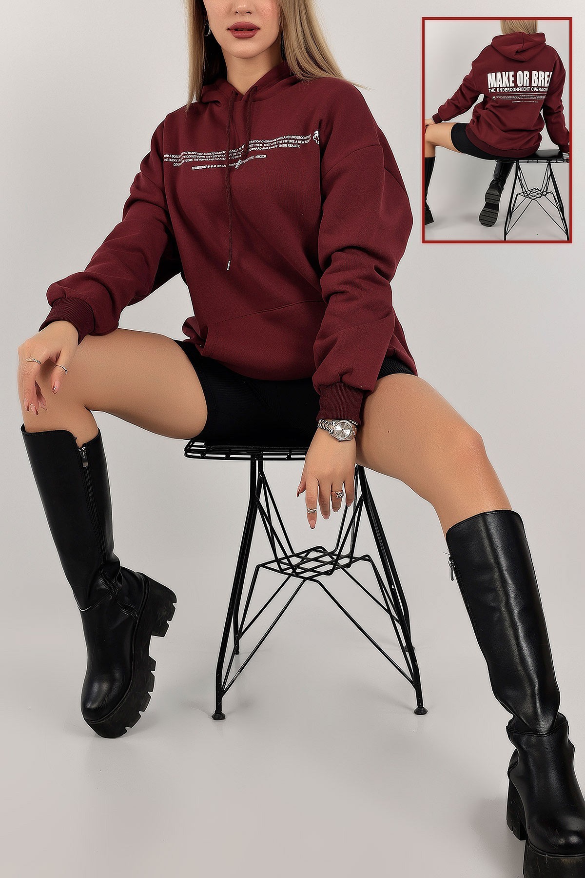 Bordo Baskılı İçi Şardonlu Bayan Sweat 143415