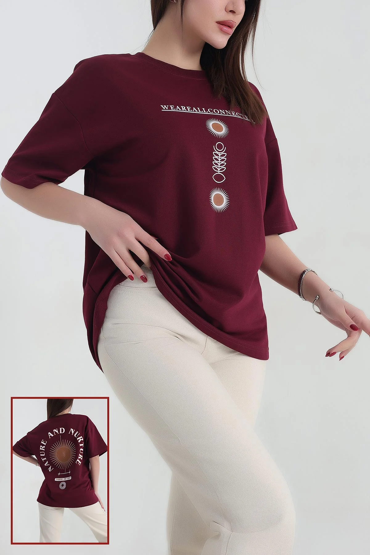 Bordo Baskılı İki İp Bayan Tişört 337639